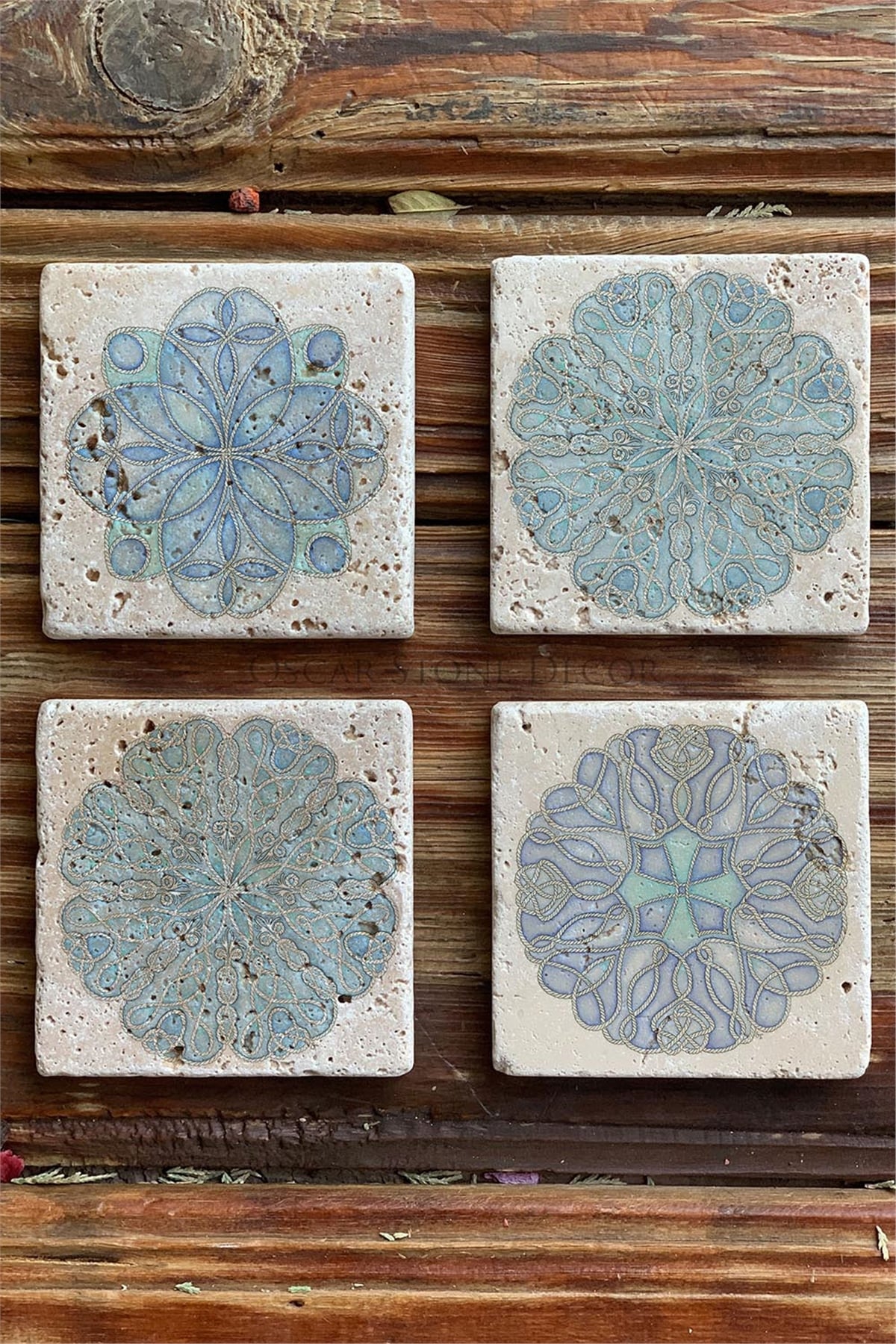 Oscar Stone Decor Baskılı Doğaltaş Bardak Altlığı 4'lü Set Desen Tile