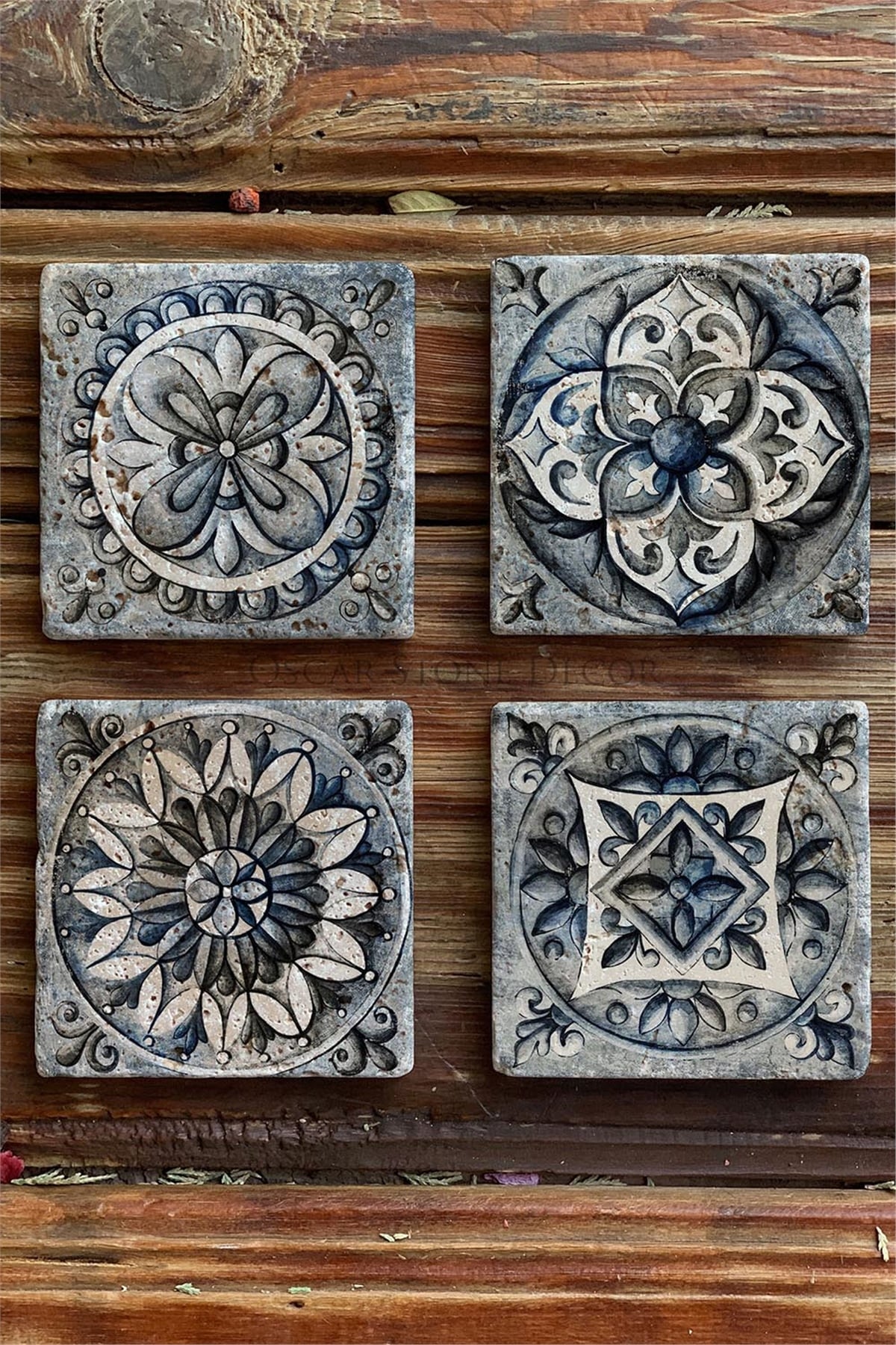 Oscar Stone Decor Baskılı Doğaltaş Bardak Altlığı 4'lü Set Desen Tile