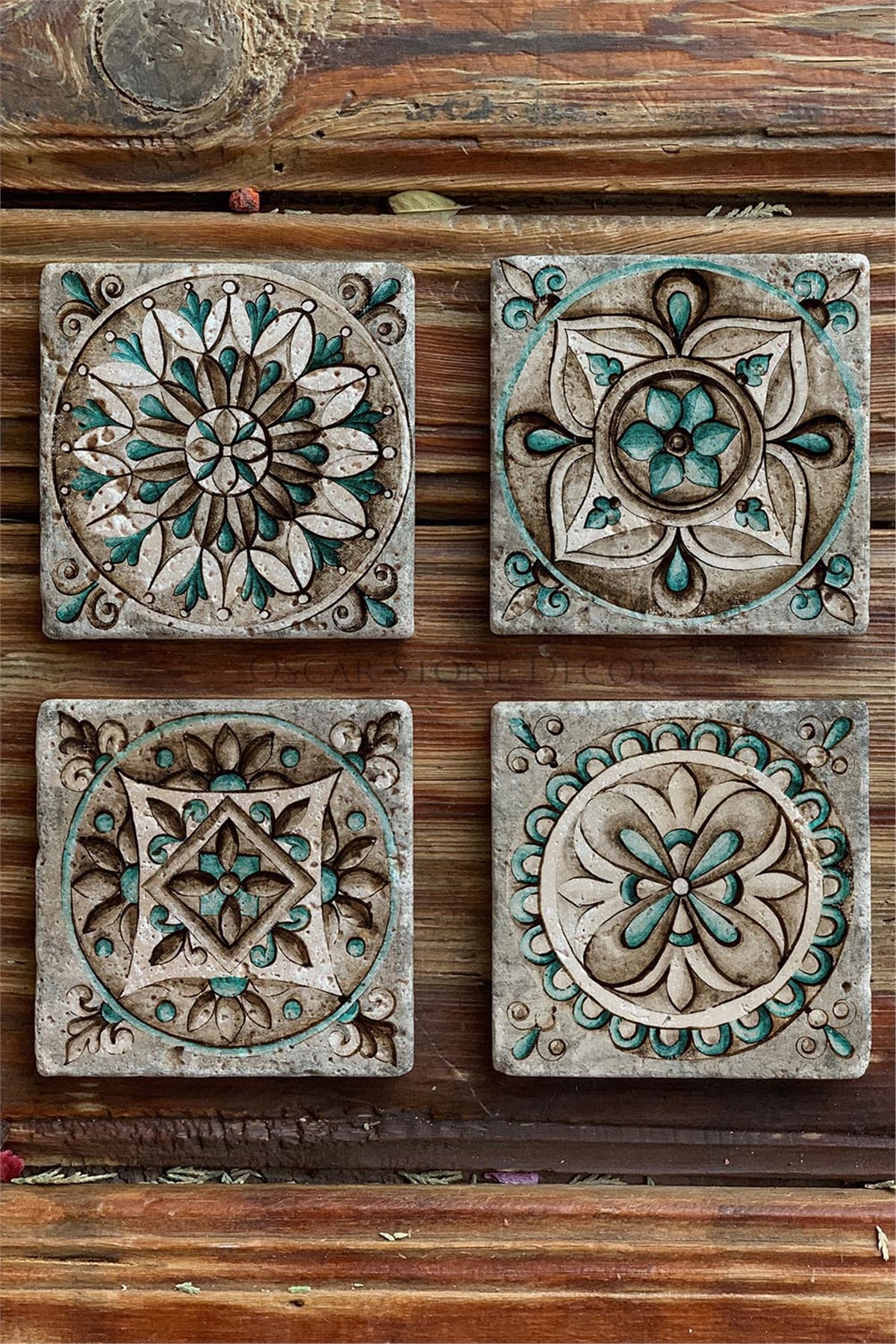 Oscar Stone Decor Baskılı Doğaltaş Bardak Altlığı 4'lü Set Desen Tile