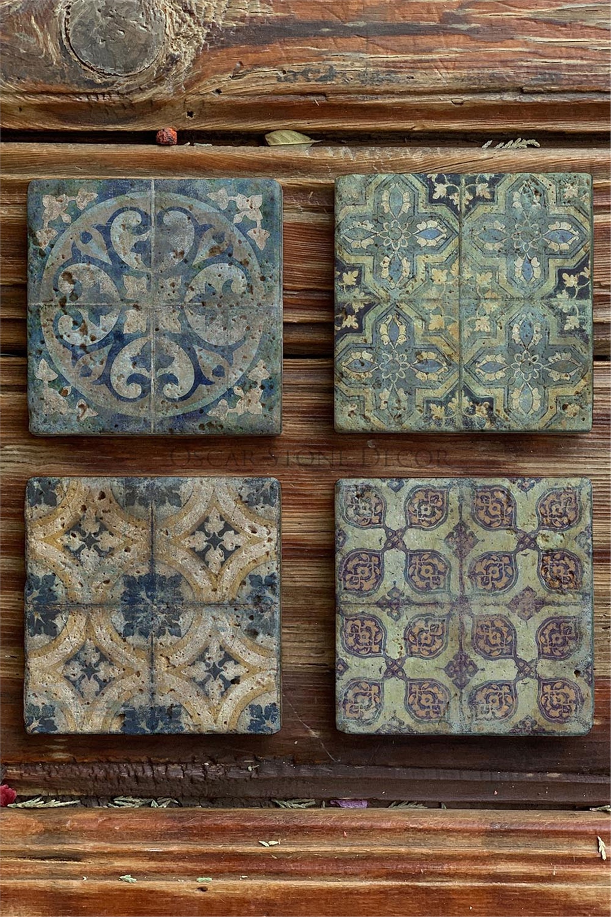 Oscar Stone Decor Baskılı Doğaltaş Bardak Altlığı 4'lü Set Desen Tile