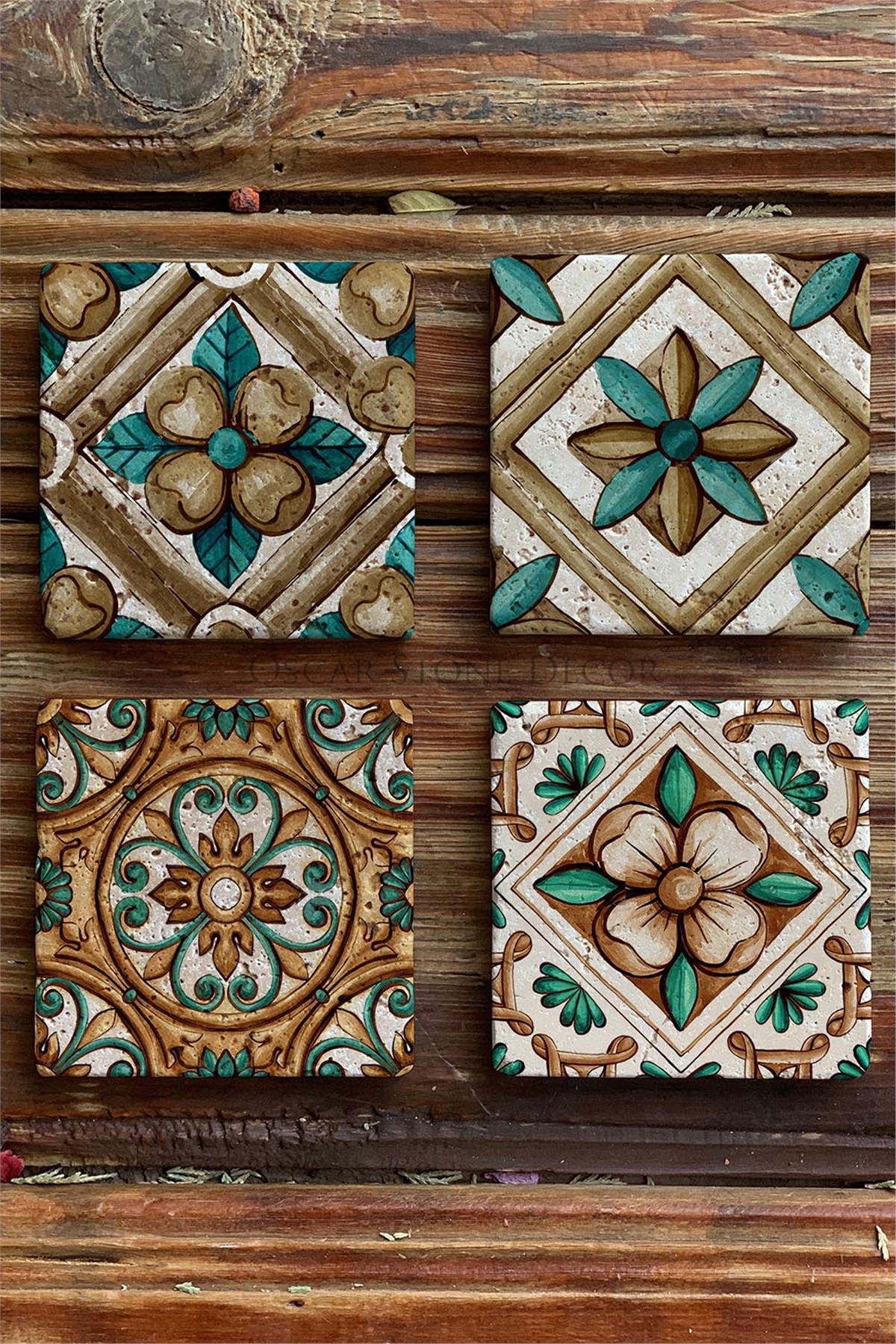 Oscar Stone Decor Baskılı Doğaltaş Bardak Altlığı 4'lü Set Desen Tile