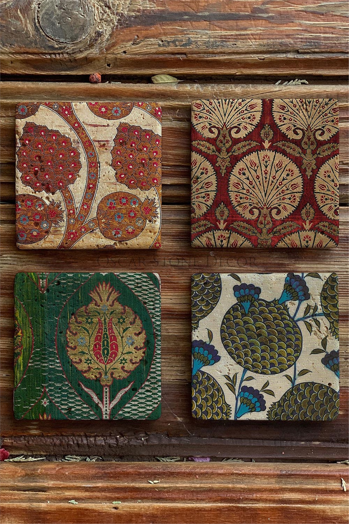 Oscar Stone Decor Baskılı Doğaltaş Bardak Altlığı 4'lü Set Desen Tile