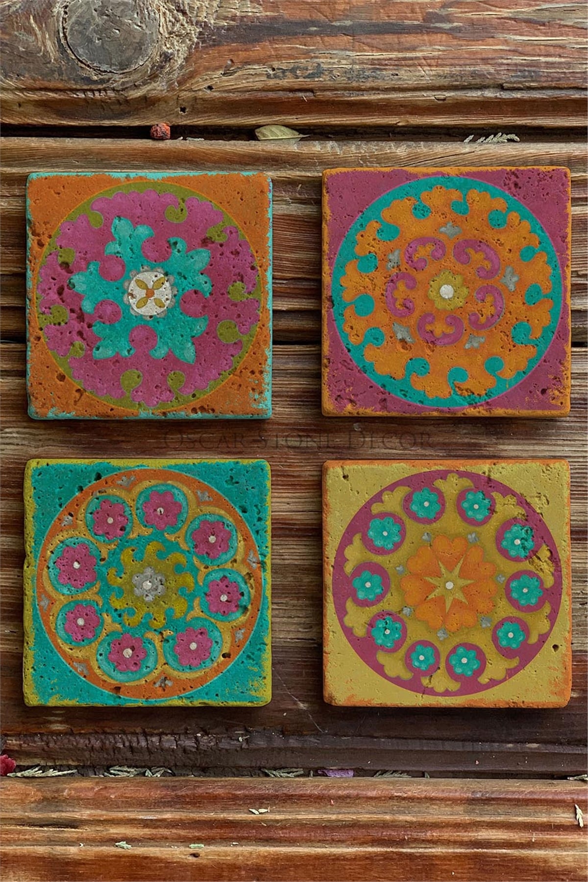 Oscar Stone Decor Baskılı Doğaltaş Bardak Altlığı 4'lü Set Desen Tile