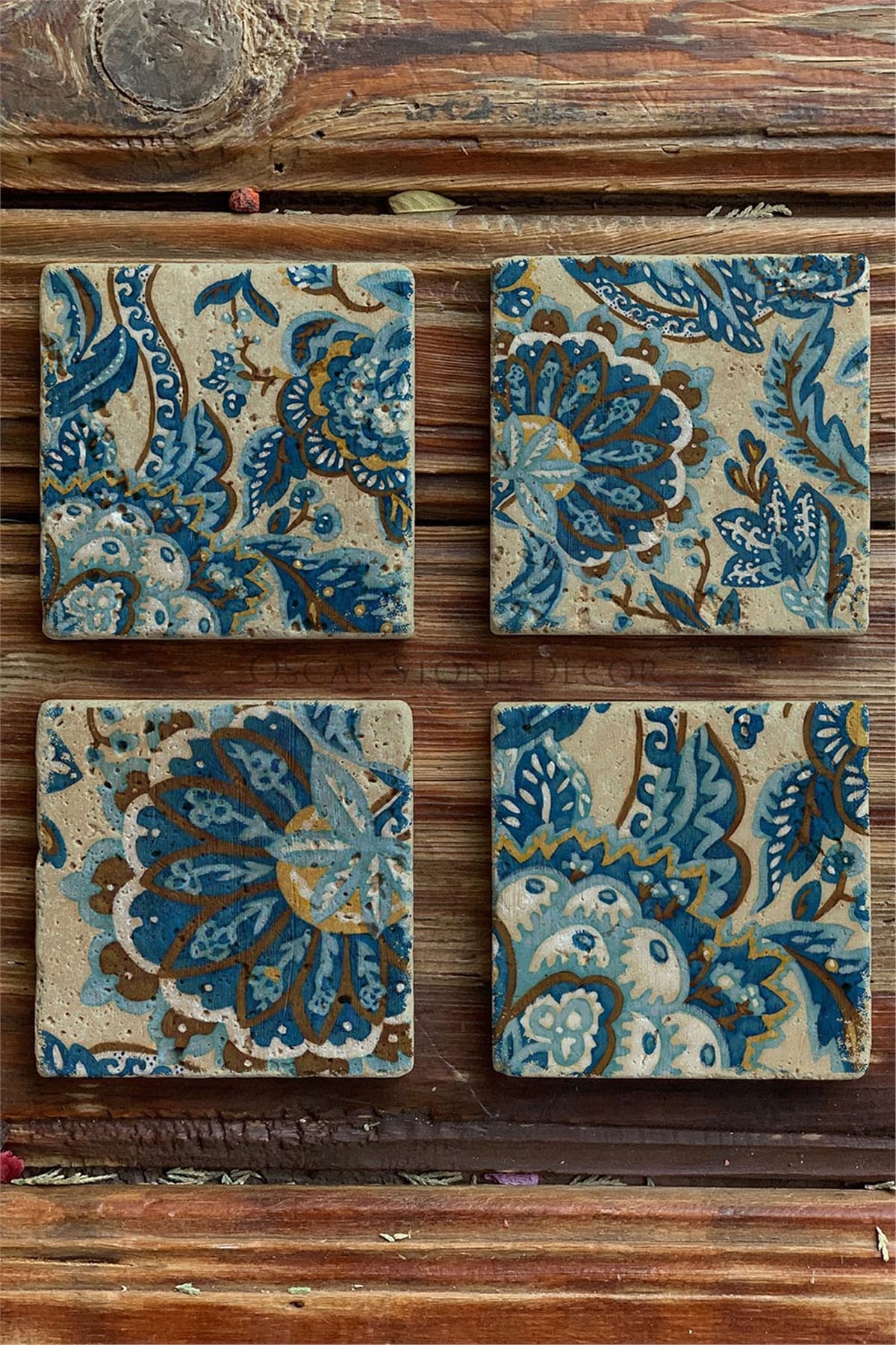 Oscar Stone Decor Baskılı Doğaltaş Bardak Altlığı 4'lü Set Desen Tile