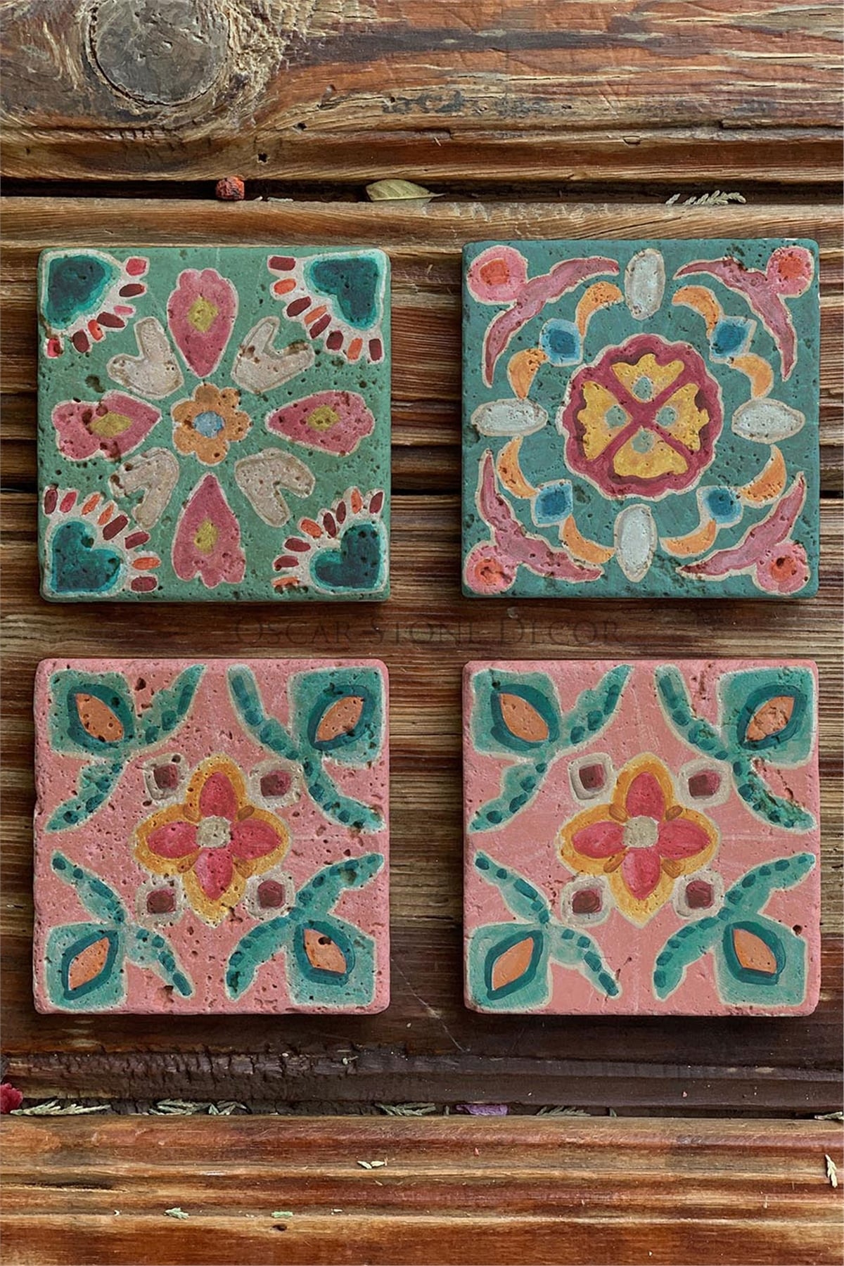 Oscar Stone Decor Baskılı Doğaltaş Bardak Altlığı 4'lü Set Desen Tile