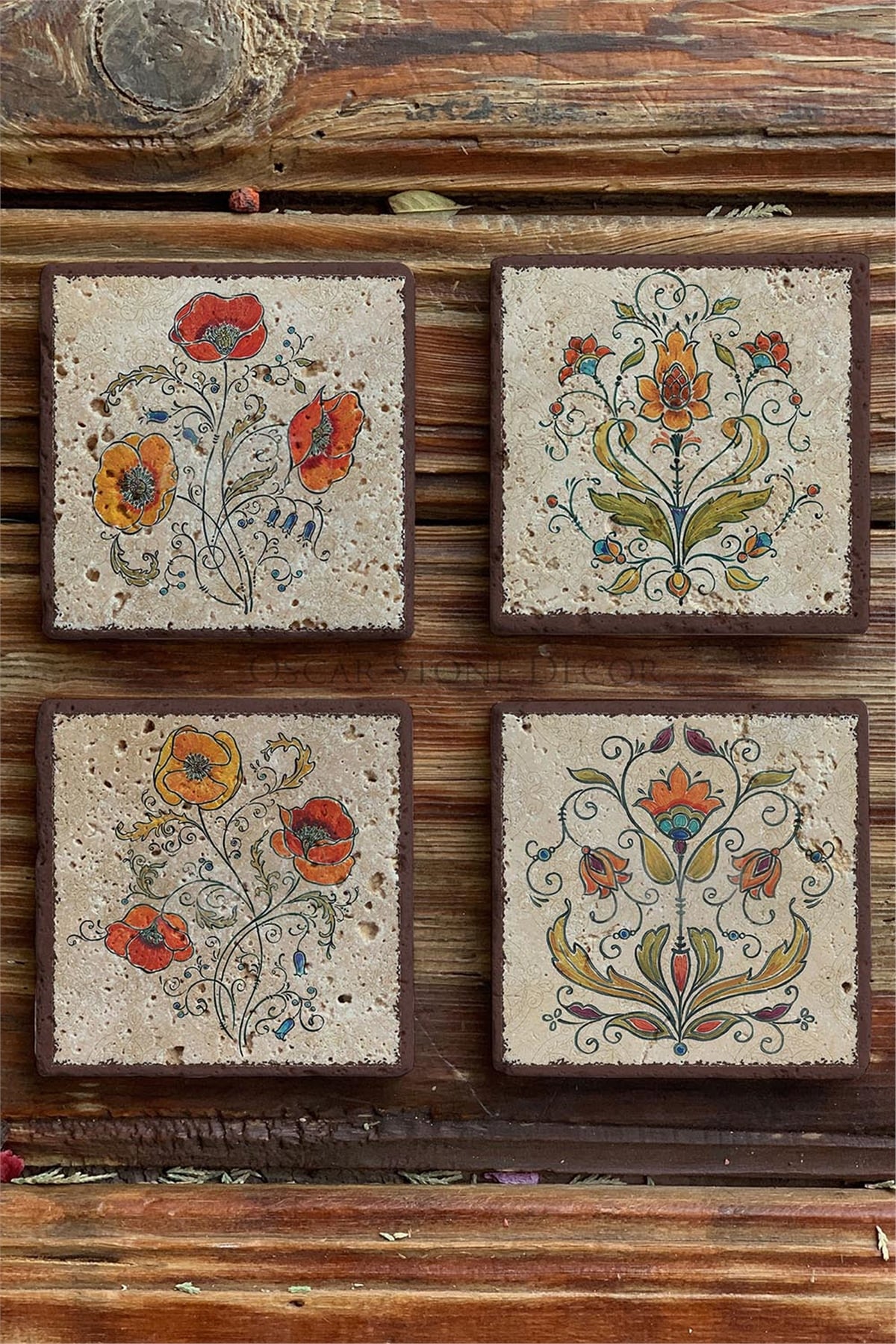 Oscar Stone Decor Baskılı Doğaltaş Bardak Altlığı 4'lü Set Desen Tile