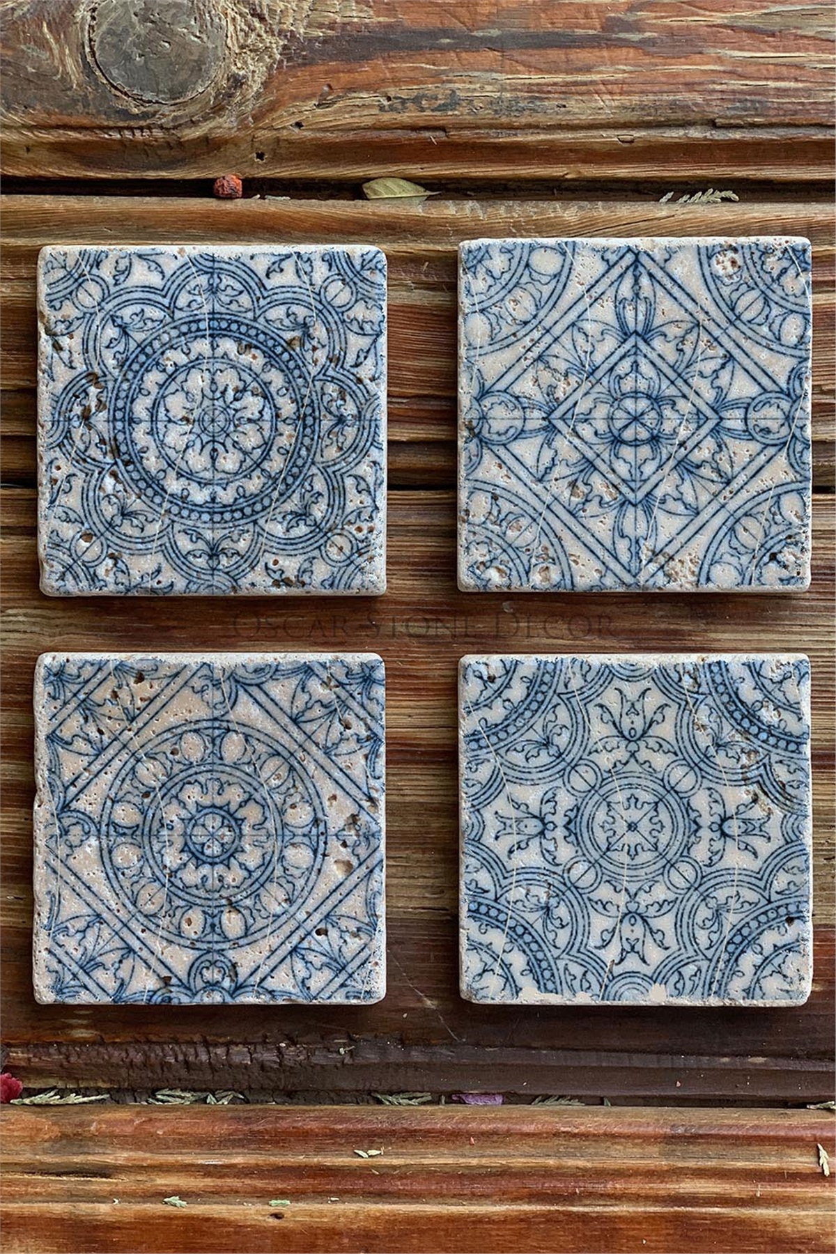 Oscar Stone Decor Baskılı Doğaltaş Bardak Altlığı 4'lü Set Desen Tile