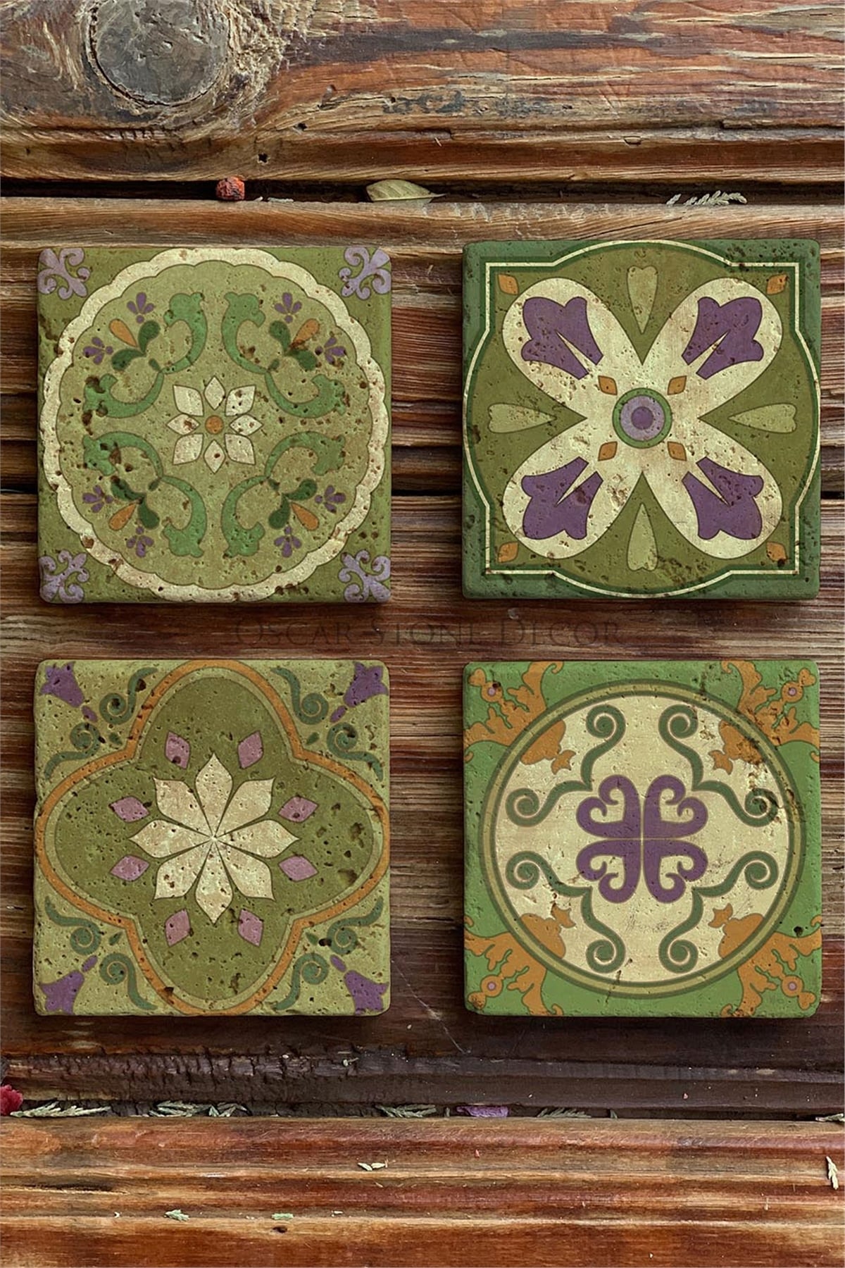 Oscar Stone Decor Baskılı Doğaltaş Bardak Altlığı 4'lü Set Desen Tile