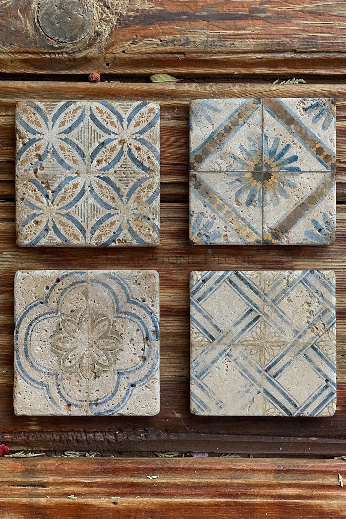 Oscar Stone Decor Baskılı Doğaltaş Bardak Altlığı 4'lü Set Desen Tile