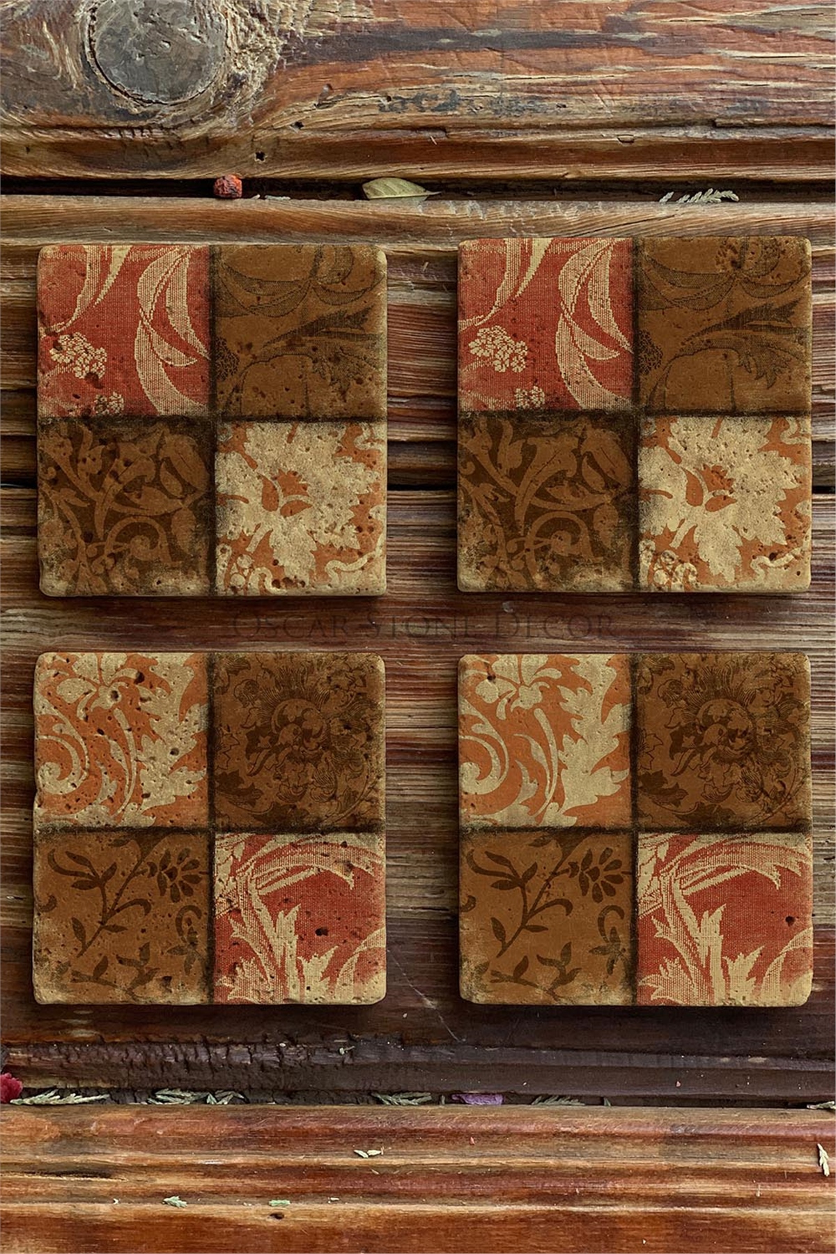 Oscar Stone Decor Baskılı Doğaltaş Bardak Altlığı 4'lü Set Desen Tile