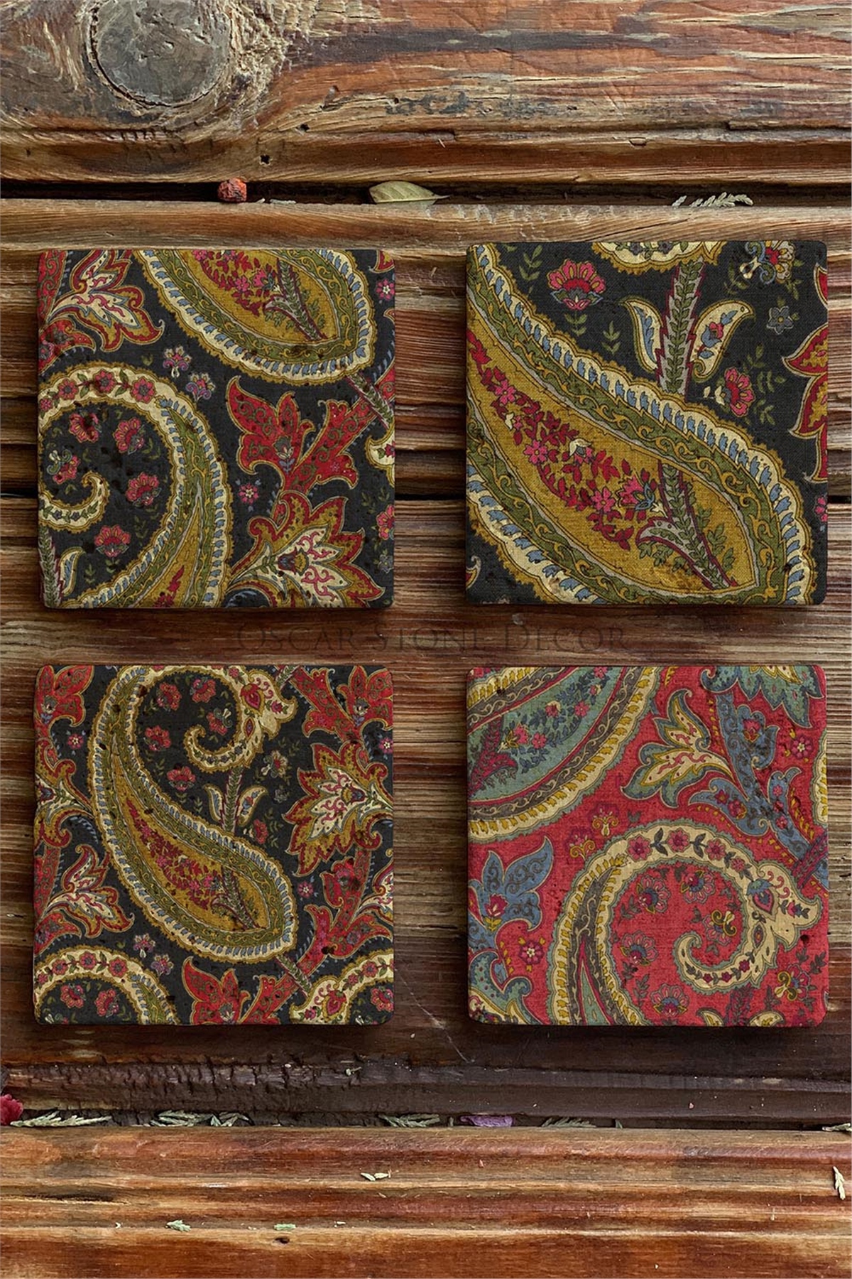 Oscar Stone Decor Baskılı Doğaltaş Bardak Altlığı 4'lü Set Desen Tile