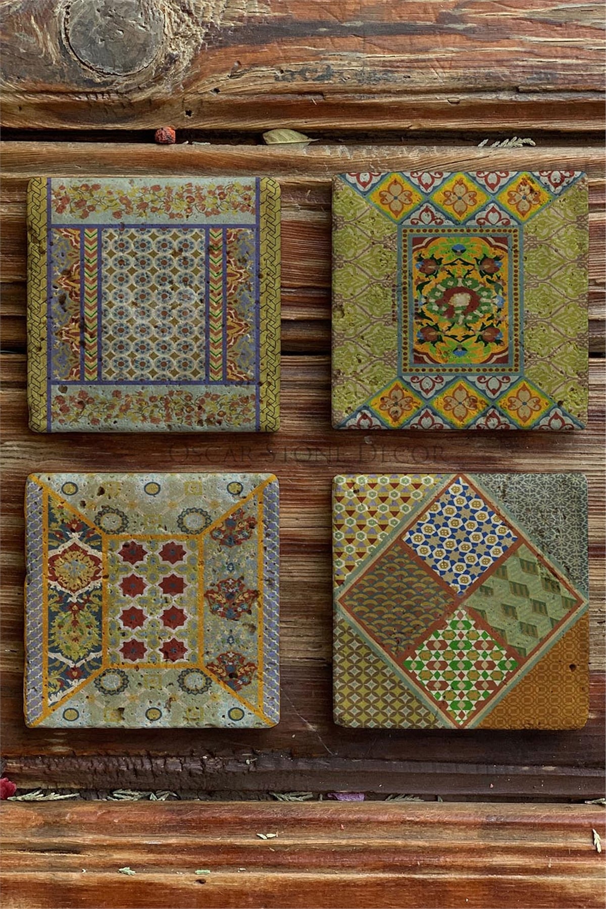Oscar Stone Decor Baskılı Doğaltaş Bardak Altlığı 4'lü Set Desen Tile