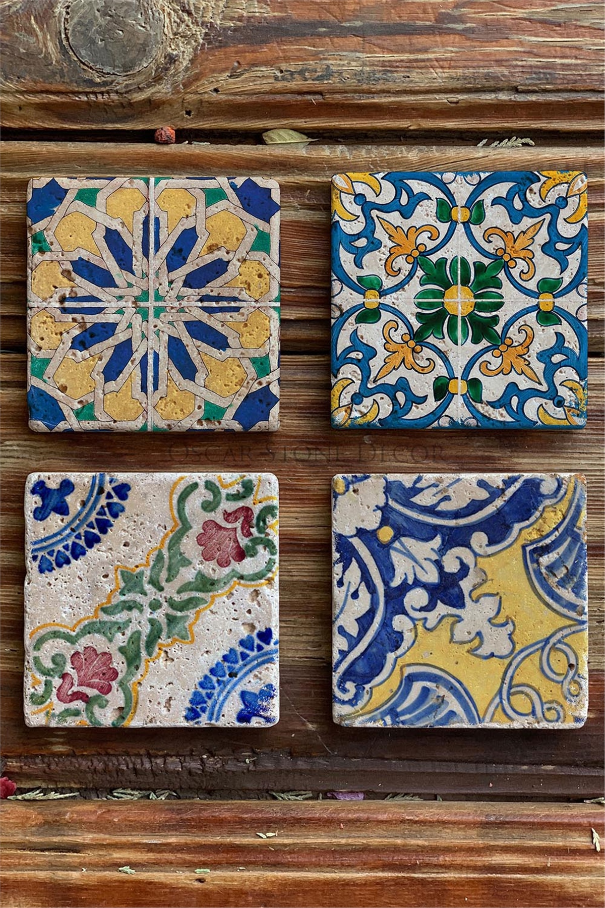 Oscar Stone Decor Baskılı Doğaltaş Bardak Altlığı 4'lü Set Desen Tile