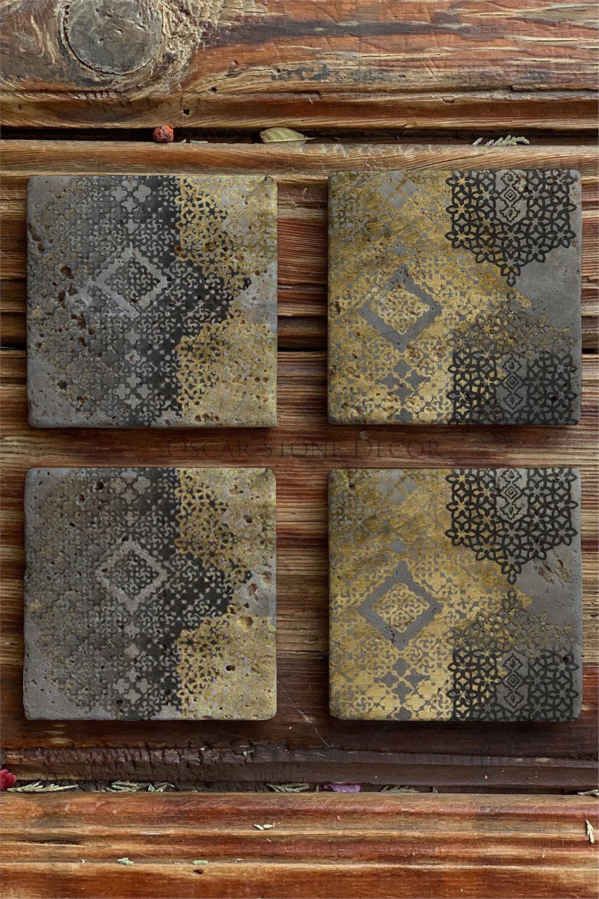 Oscar Stone Decor Baskılı Doğaltaş Bardak Altlığı 4'lü Set Desen Tile
