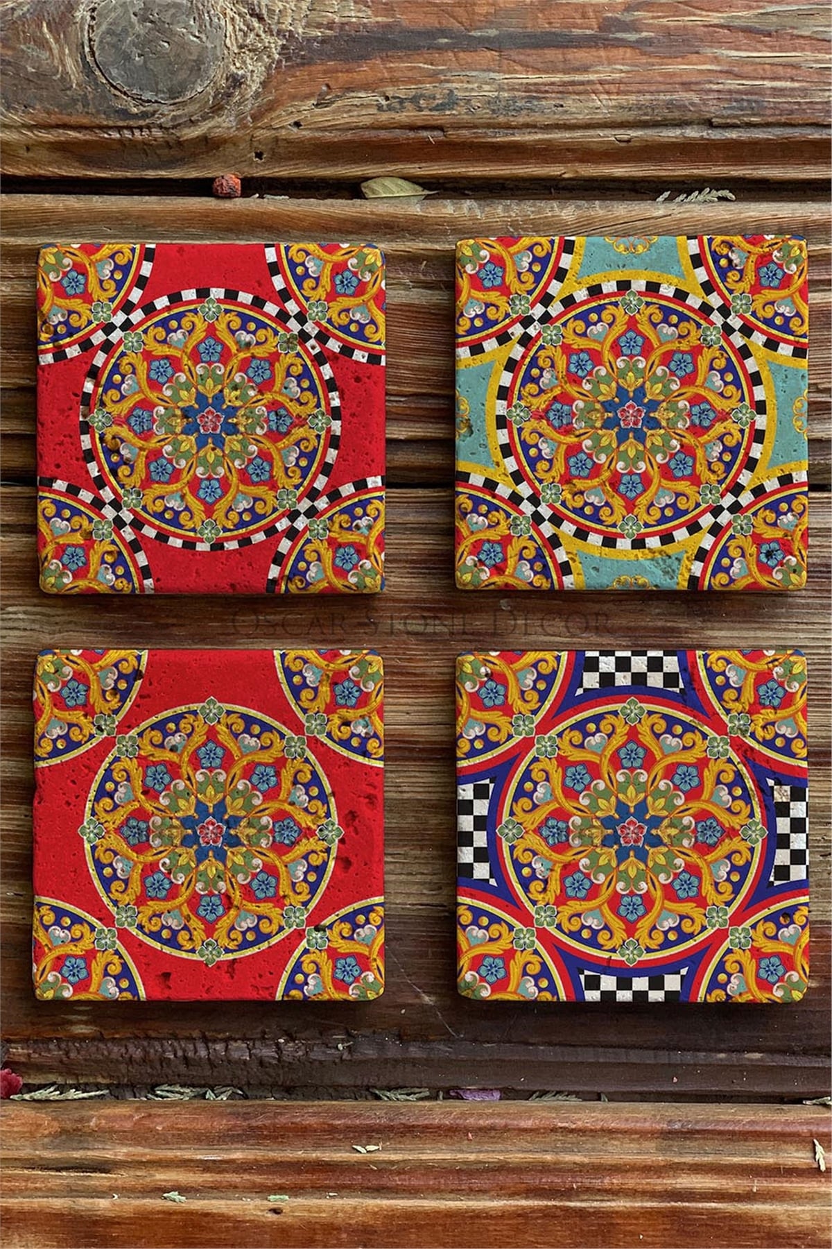 Oscar Stone Decor Baskılı Doğaltaş Bardak Altlığı 4'lü Set Desen Tile