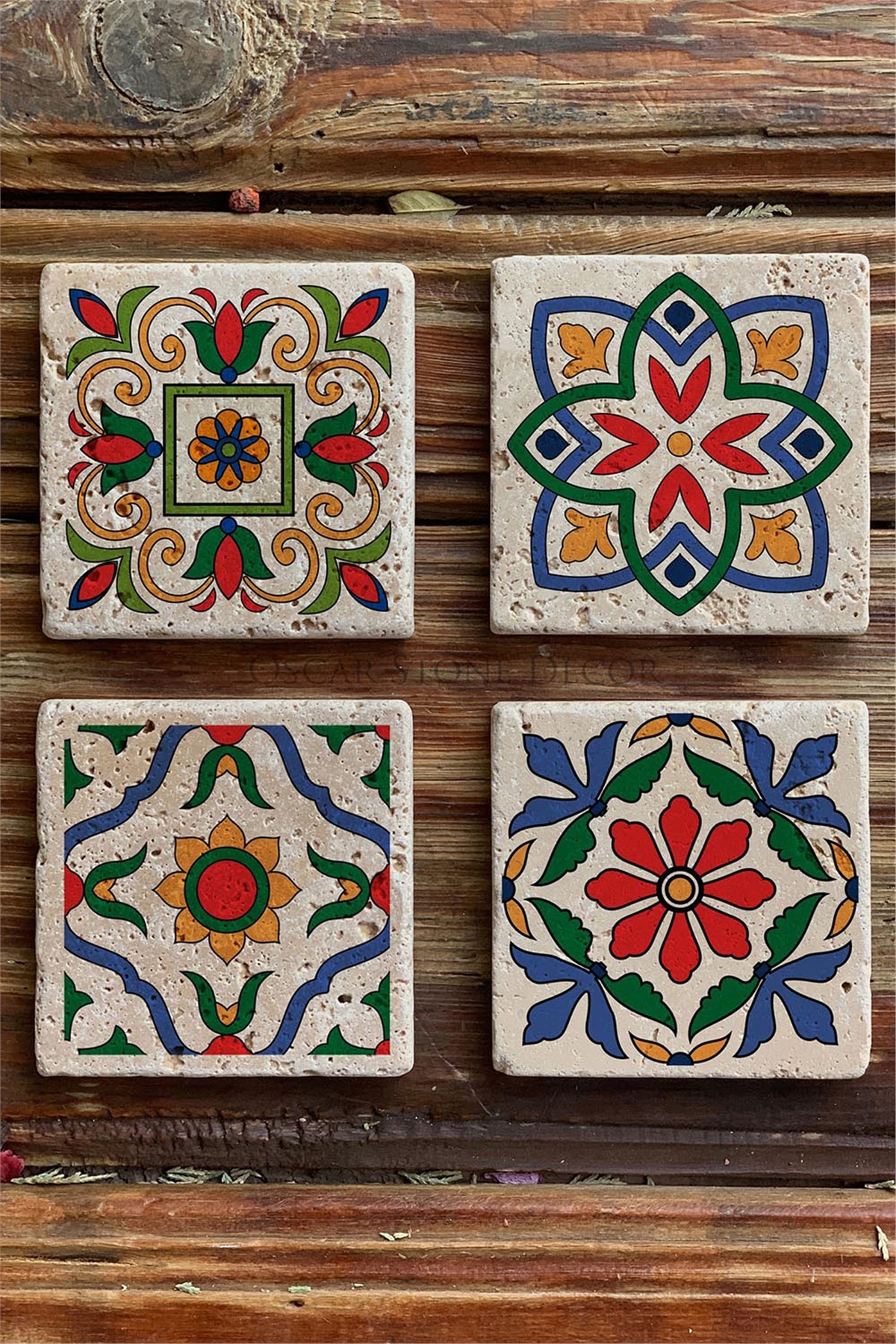 Oscar Stone Decor Baskılı Doğaltaş Bardak Altlığı 4'lü Set Desen Tile