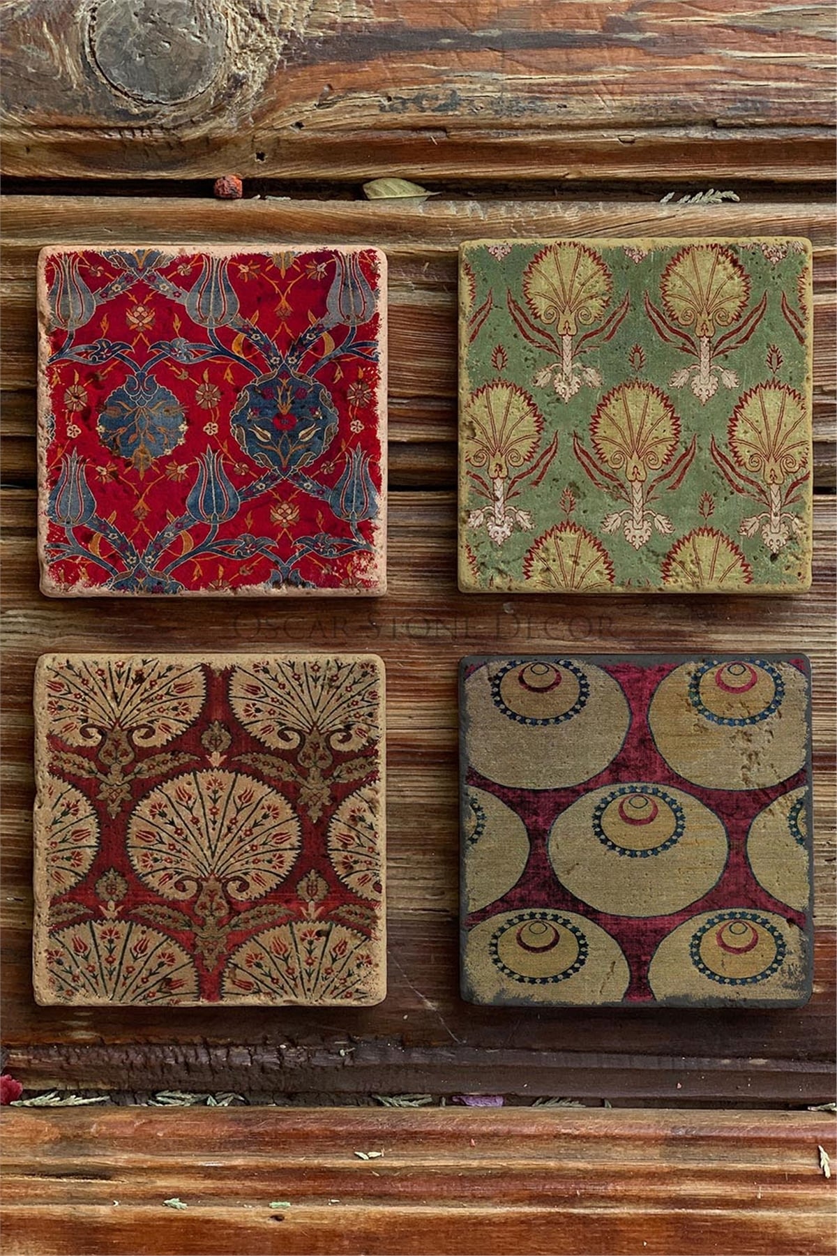 Oscar Stone Decor Baskılı Doğaltaş Bardak Altlığı 4'lü Set Desen Tile