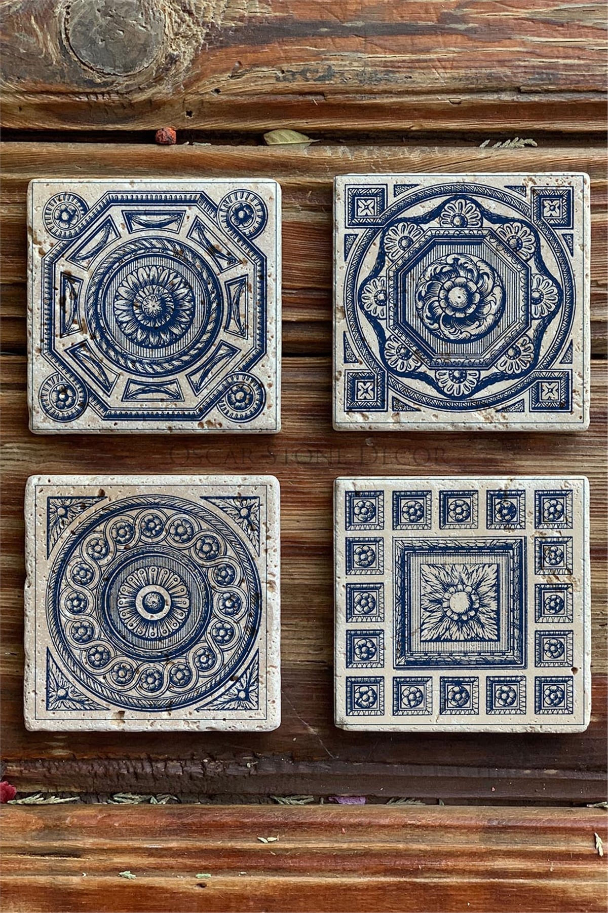 Oscar Stone Decor Baskılı Doğaltaş Bardak Altlığı 4'lü Set Desen Tile