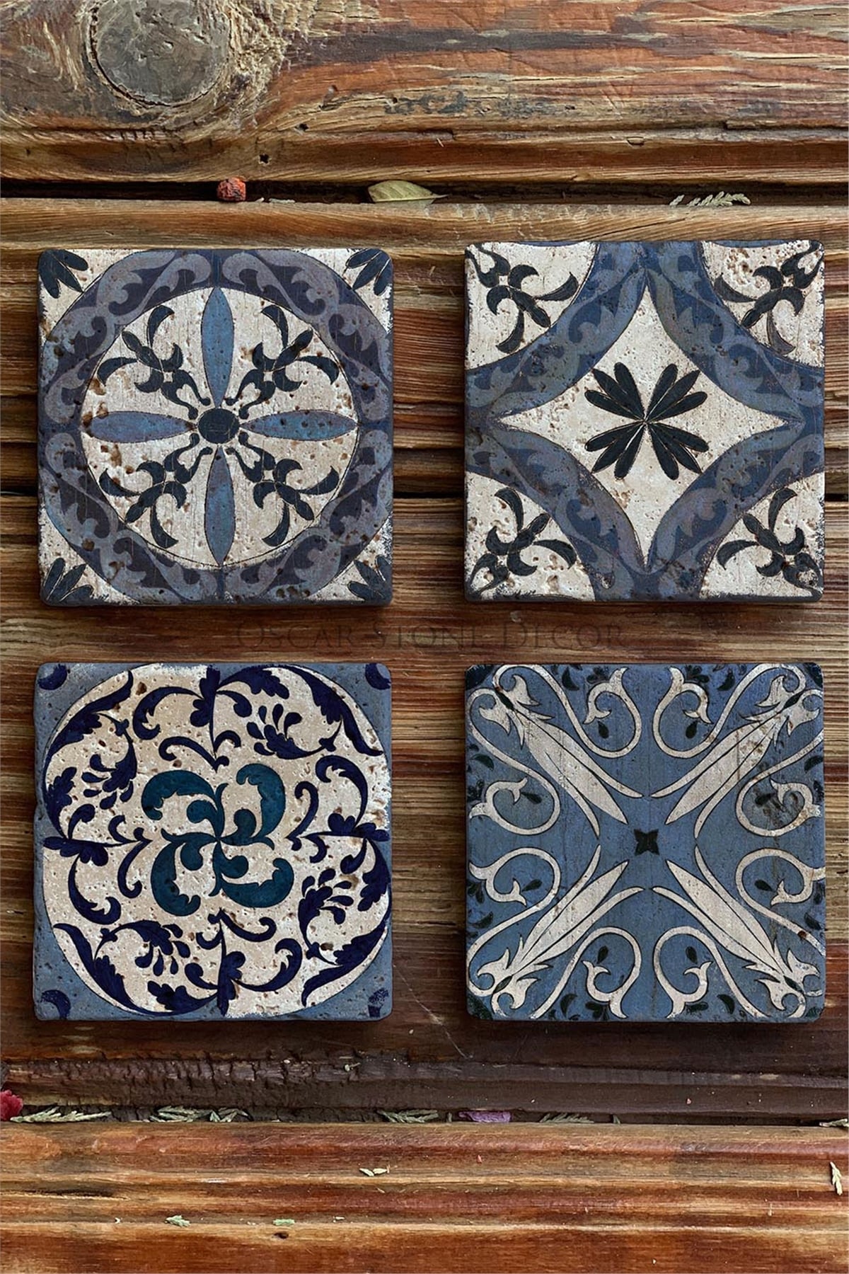 Oscar Stone Decor Baskılı Doğaltaş Bardak Altlığı 4'lü Set Desen Tile