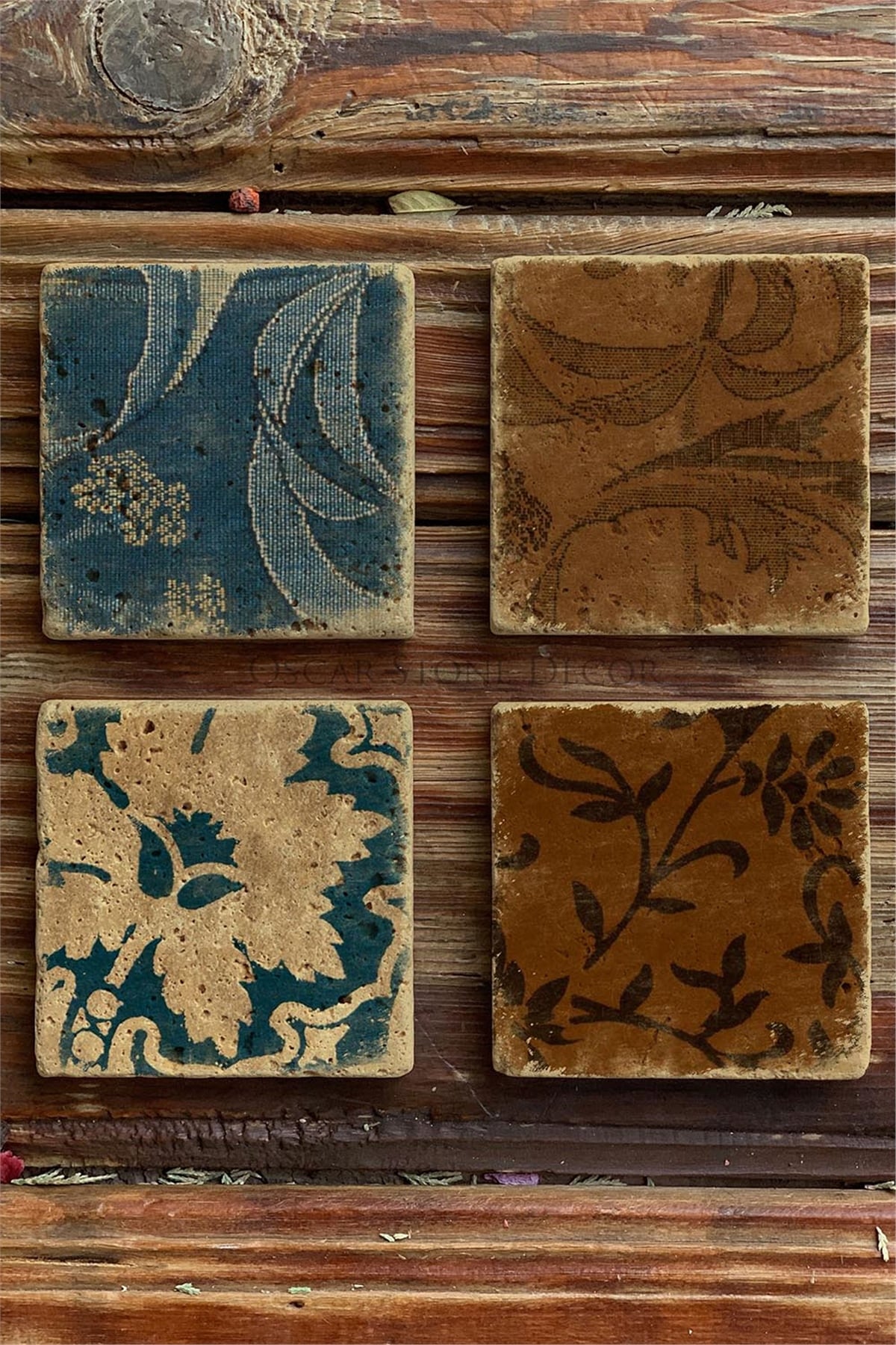 Oscar Stone Decor Baskılı Doğaltaş Bardak Altlığı 4'lü Set Desen Tile