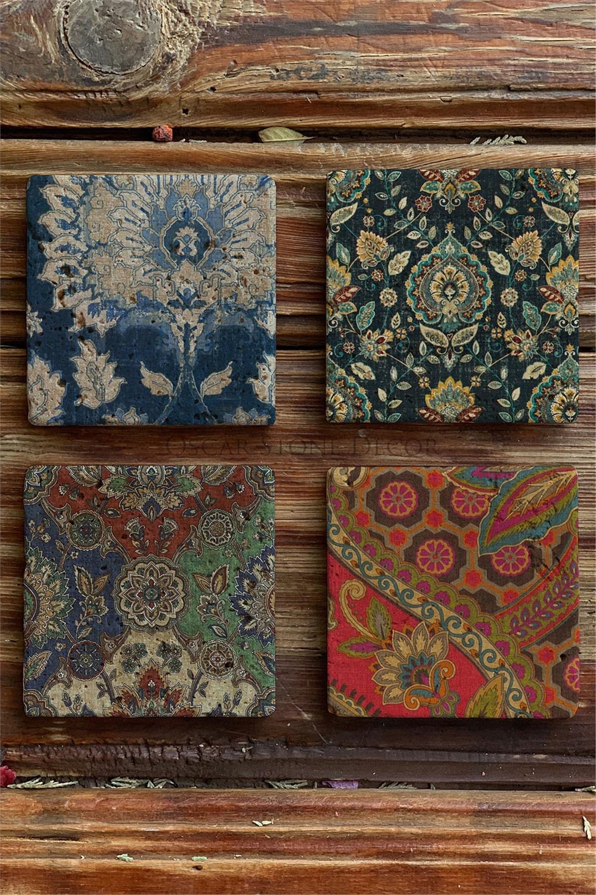 Oscar Stone Decor Baskılı Doğaltaş Bardak Altlığı 4'lü Set Desen Tile