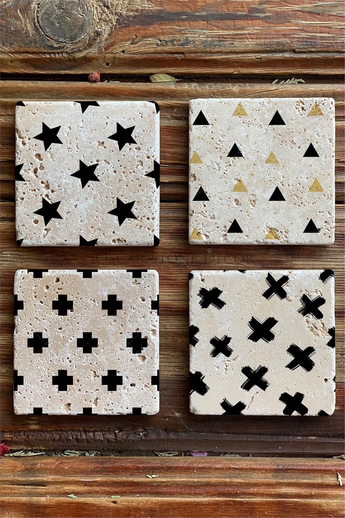 Oscar Stone Decor Baskılı Doğaltaş Bardak Altlığı 4'lü Set Desen Tile