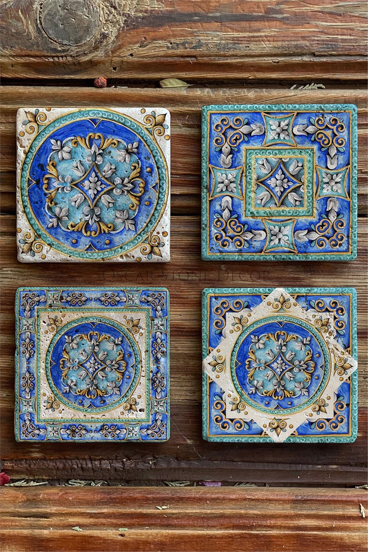 Oscar Stone Decor Baskılı Doğaltaş Bardak Altlığı 4'lü Set Desen Tile
