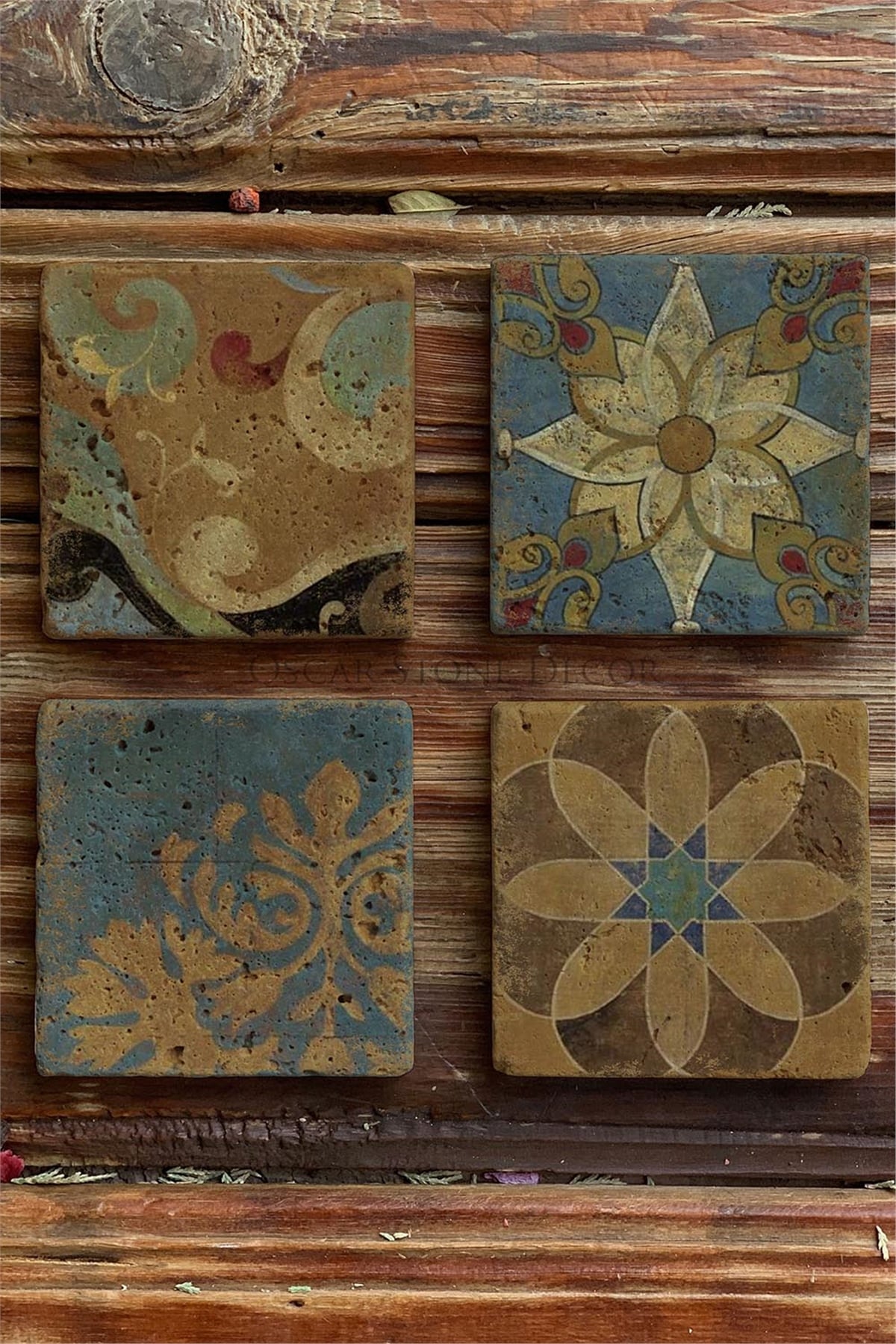 Oscar Stone Decor Baskılı Doğaltaş Bardak Altlığı 4'lü Set Desen Tile