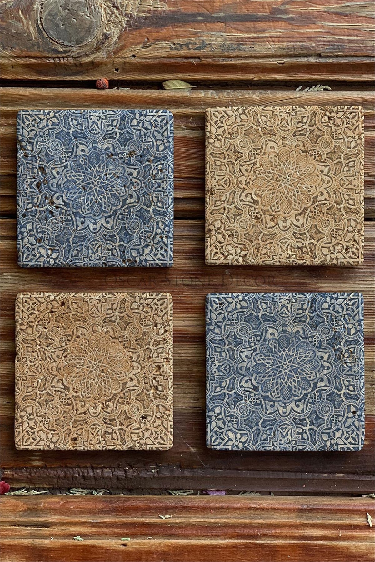 Oscar Stone Decor Baskılı Doğaltaş Bardak Altlığı 4'lü Set Desen Tile