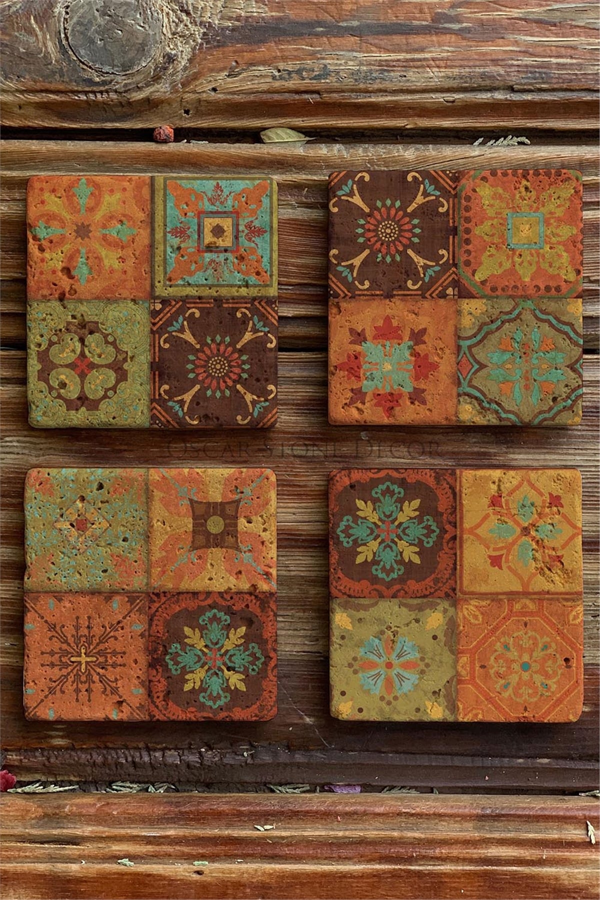 Oscar Stone Decor Baskılı Doğaltaş Bardak Altlığı 4'lü Set Desen Tile