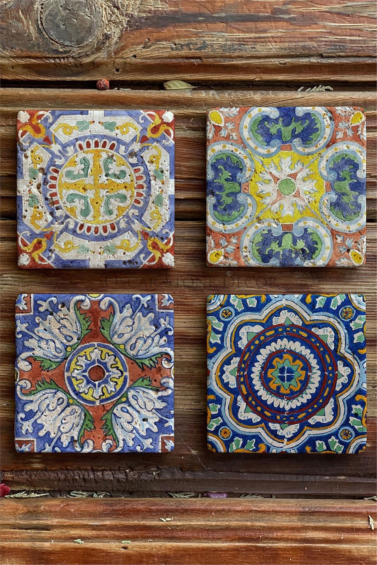 Oscar Stone Decor Baskılı Doğaltaş Bardak Altlığı 4'lü Set Desen Tile