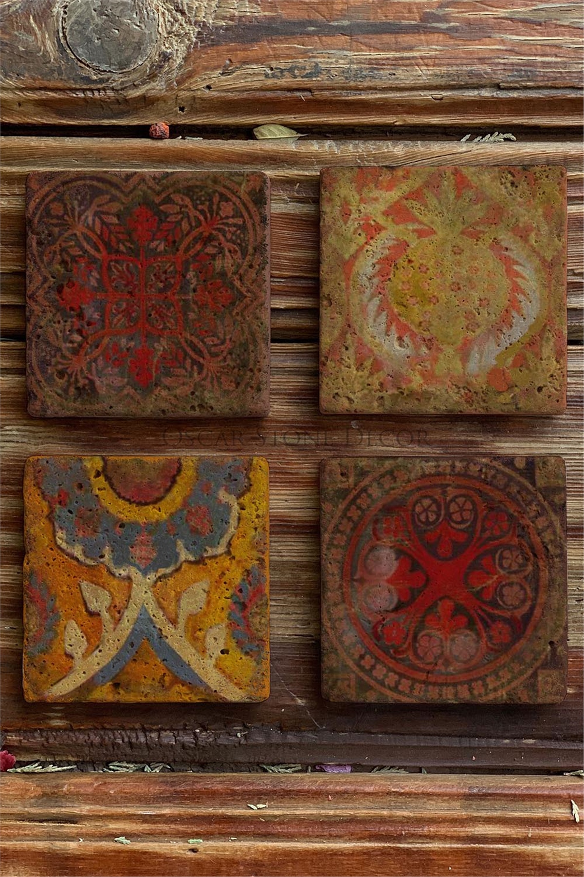 Oscar Stone Decor Baskılı Doğaltaş Bardak Altlığı 4'lü Set Desen Tile