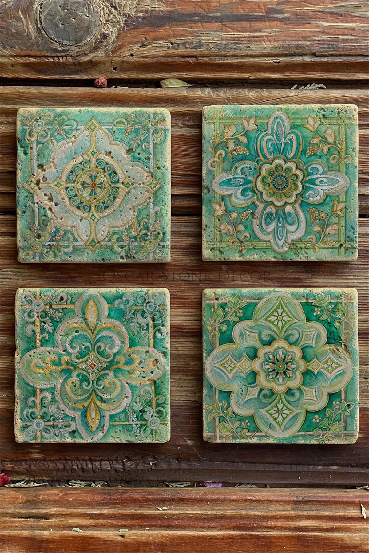 Oscar Stone Decor Baskılı Doğaltaş Bardak Altlığı 4'lü Set Desen Tile