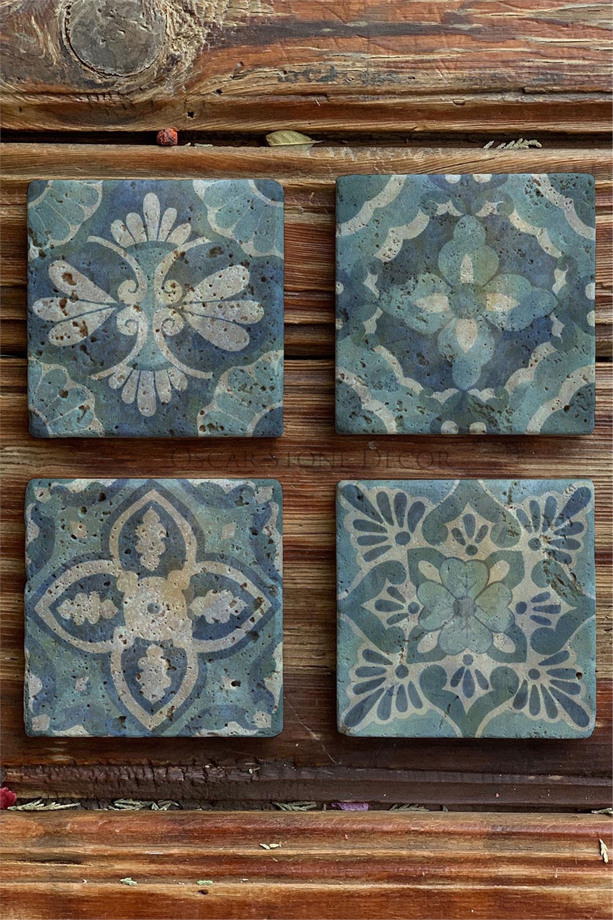 Oscar Stone Decor Baskılı Doğaltaş Bardak Altlığı 4'lü Set Desen Tile