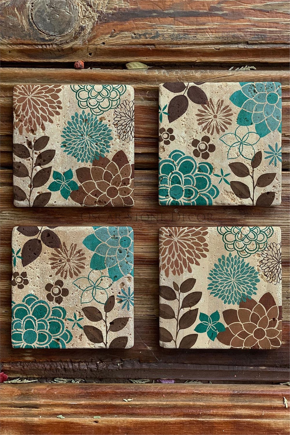 Oscar Stone Decor Baskılı Doğaltaş Bardak Altlığı 4'lü Set Desen Tile