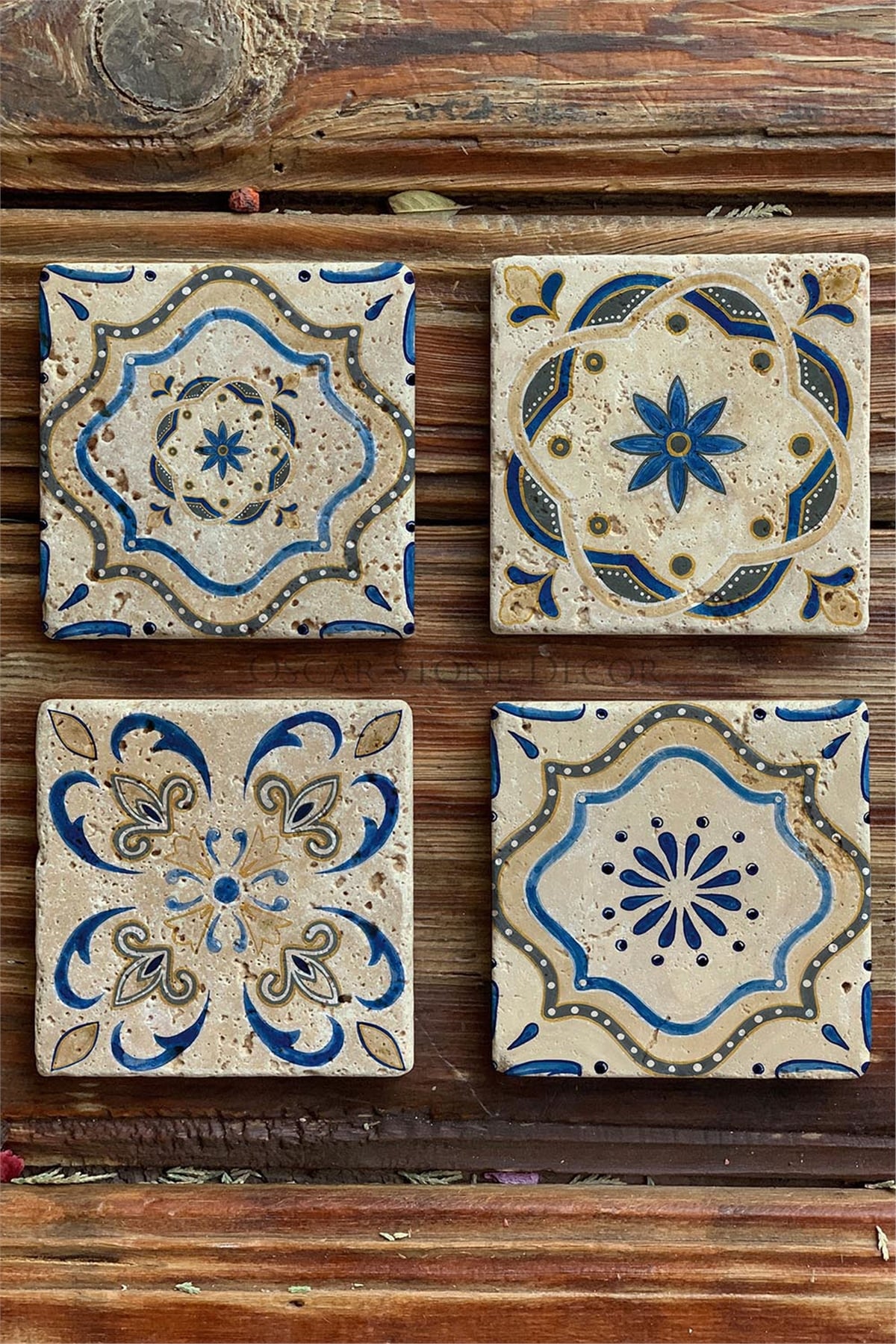 Oscar Stone Decor Baskılı Doğaltaş Bardak Altlığı 4'lü Set Desen Tile