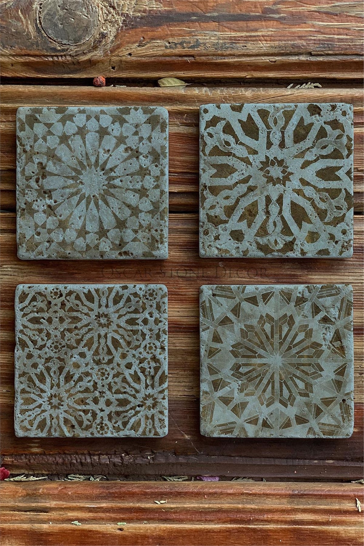 Oscar Stone Decor Baskılı Doğaltaş Bardak Altlığı 4'lü Set Desen Tile