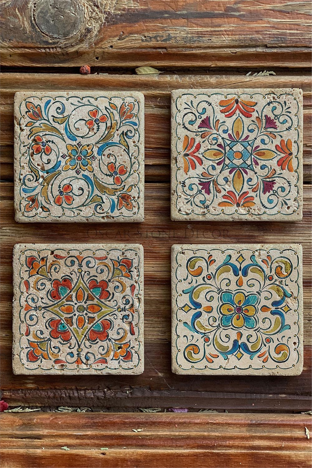 Oscar Stone Decor Baskılı Doğaltaş Bardak Altlığı 4'lü Set Desen Tile
