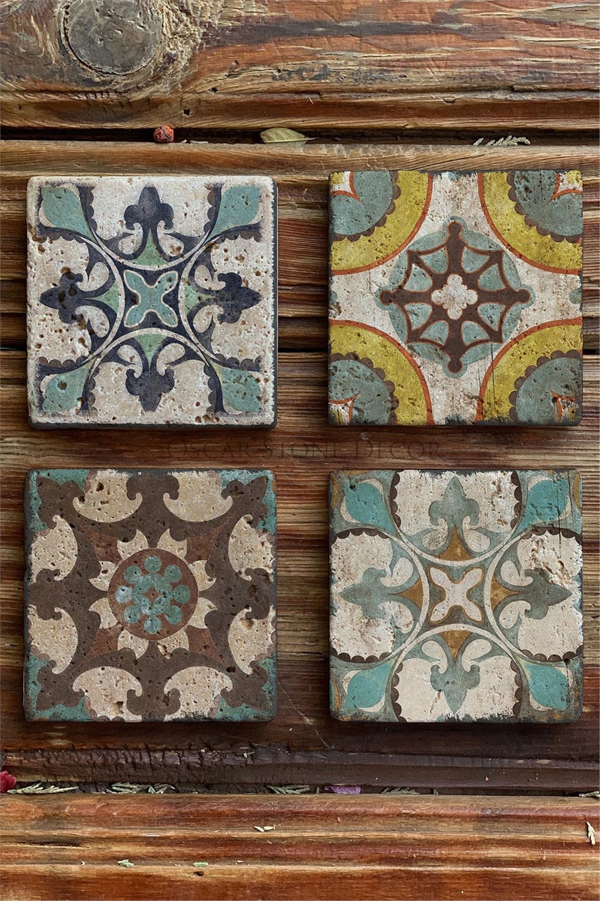 Oscar Stone Decor Baskılı Doğaltaş Bardak Altlığı 4'lü Set Desen Tile
