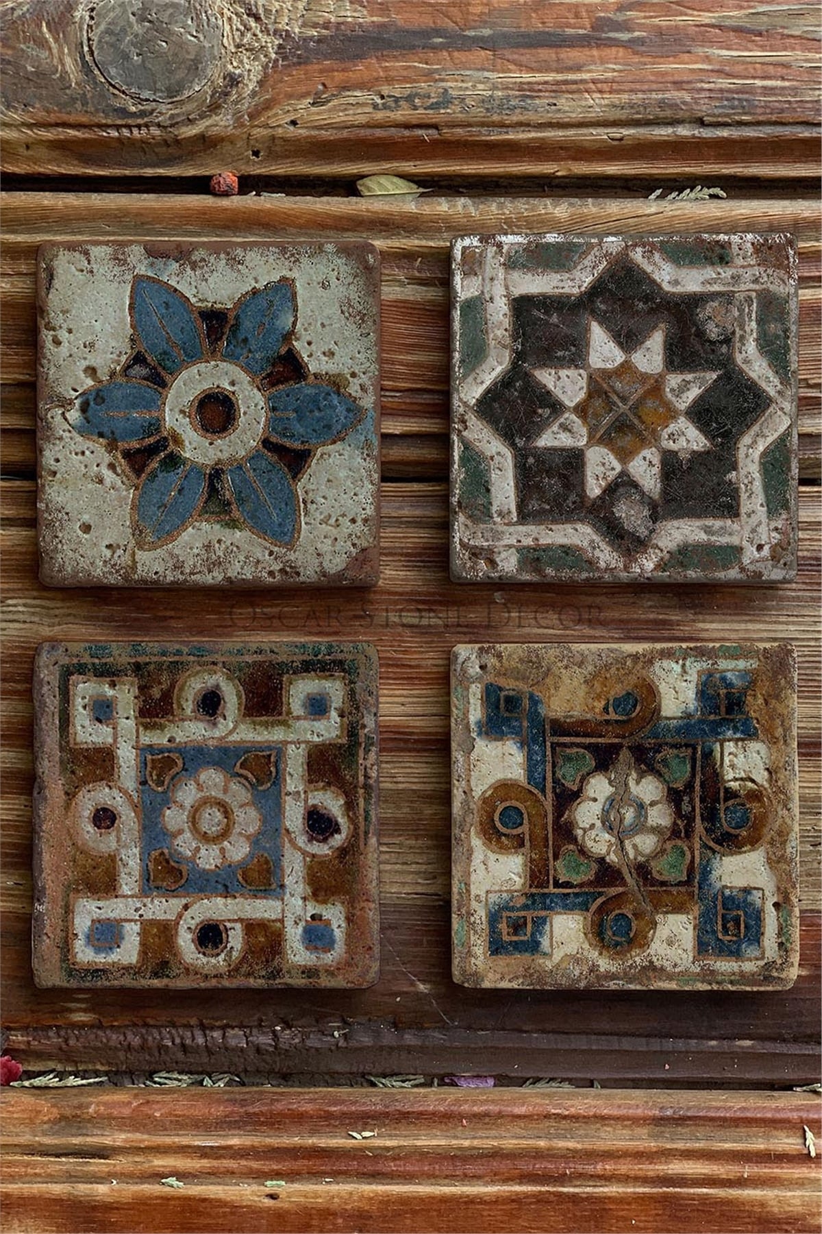 Oscar Stone Decor Baskılı Doğaltaş Bardak Altlığı 4'lü Set Desen Tile