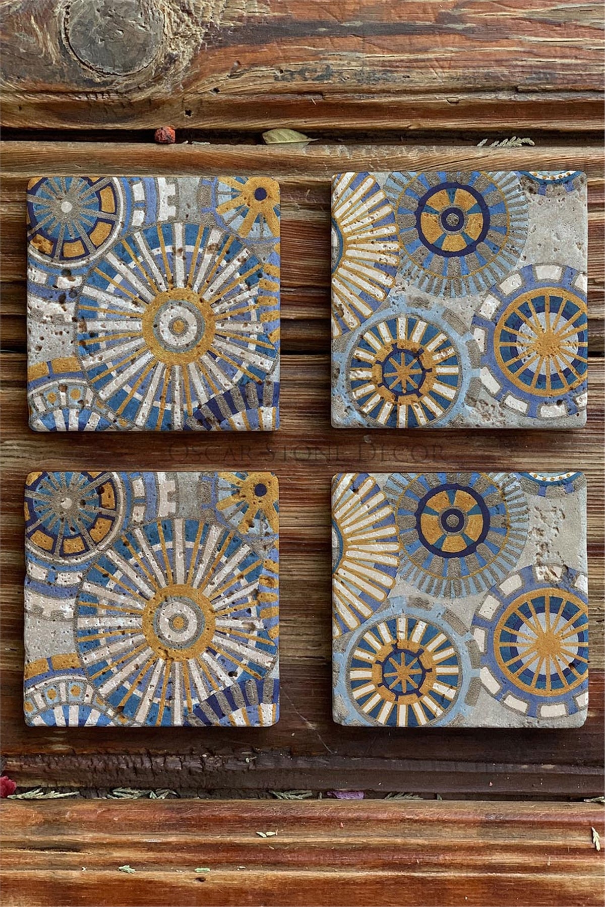 Oscar Stone Decor Baskılı Doğaltaş Bardak Altlığı 4'lü Set Desen Tile