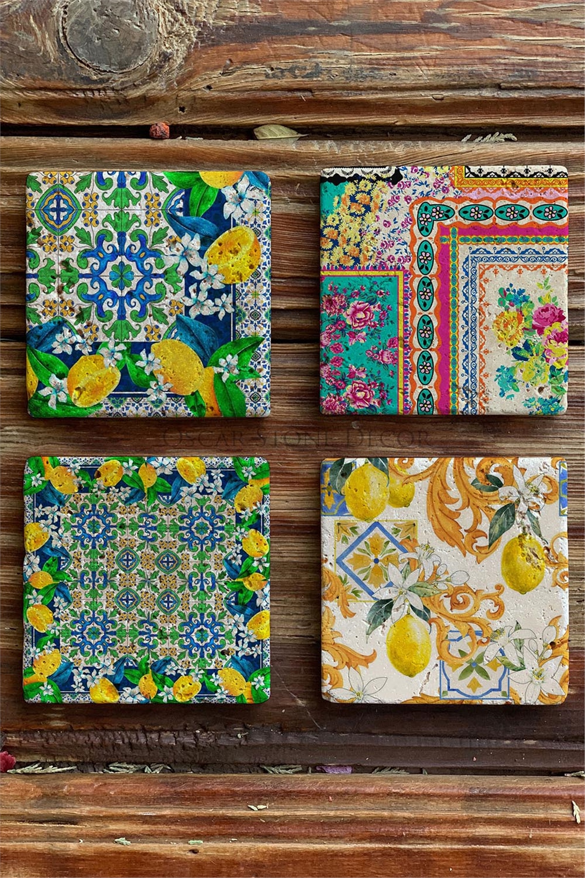Oscar Stone Decor Baskılı Doğaltaş Bardak Altlığı 4'lü Set Desen Tile