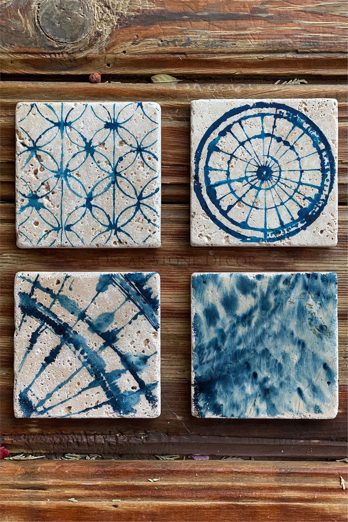 Oscar Stone Decor Baskılı Doğaltaş Bardak Altlığı 4'lü Set Desen Tile