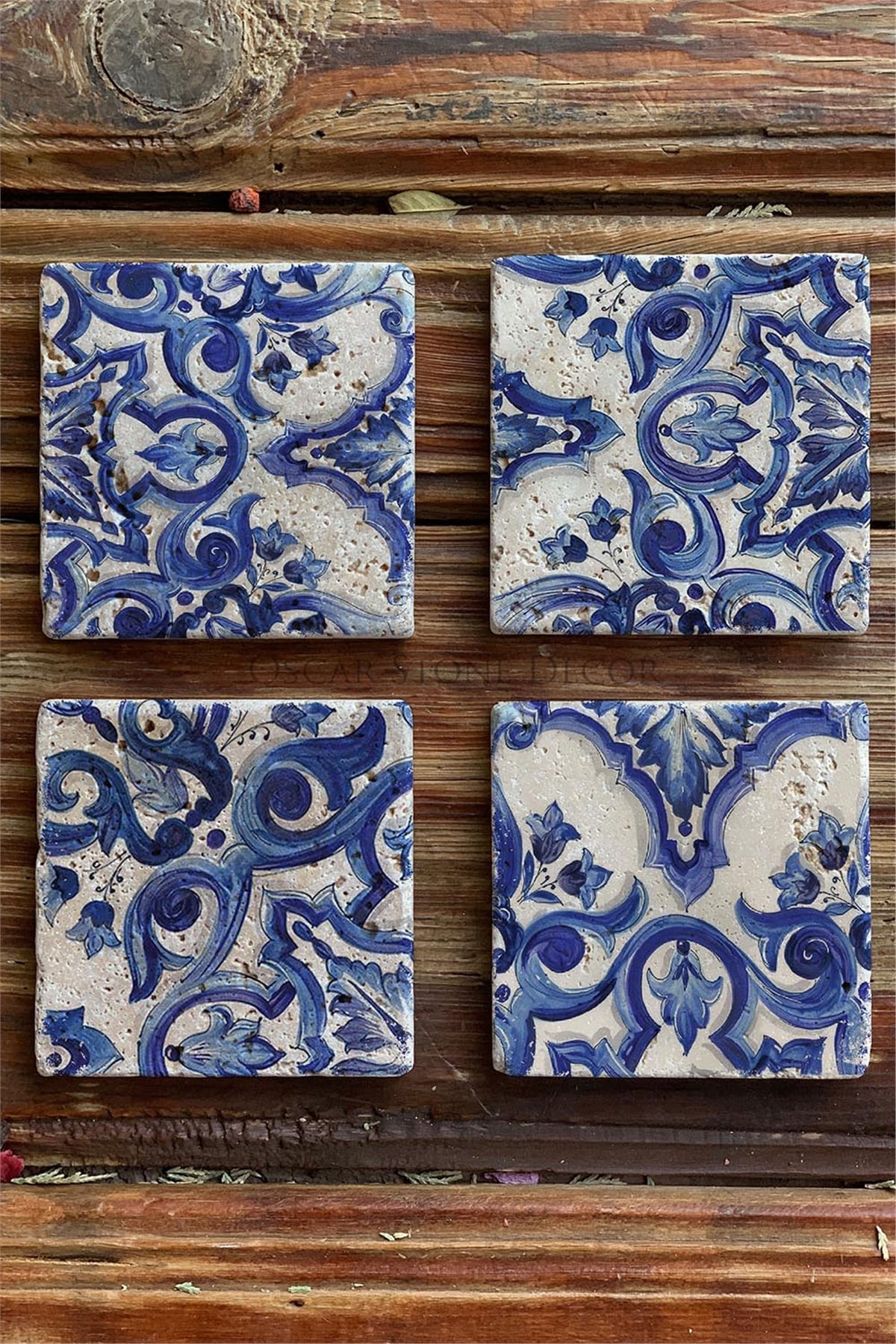 Oscar Stone Decor Baskılı Doğaltaş Bardak Altlığı 4'lü Set Desen Tile