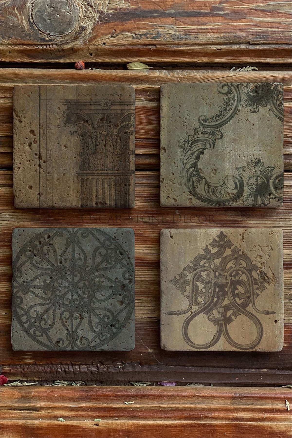 Oscar Stone Decor Baskılı Doğaltaş Bardak Altlığı 4'lü Set Desen Tile