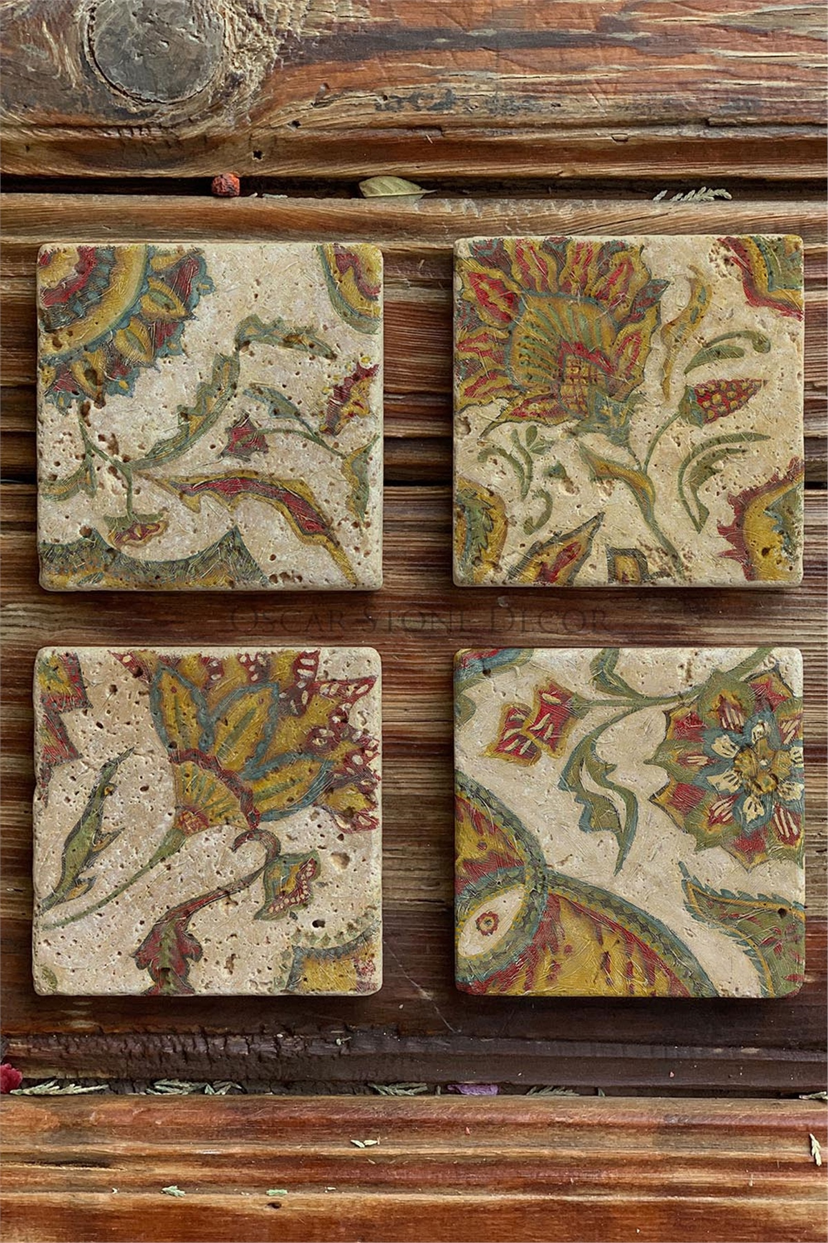 Oscar Stone Decor Baskılı Doğaltaş Bardak Altlığı 4'lü Set Desen Tile