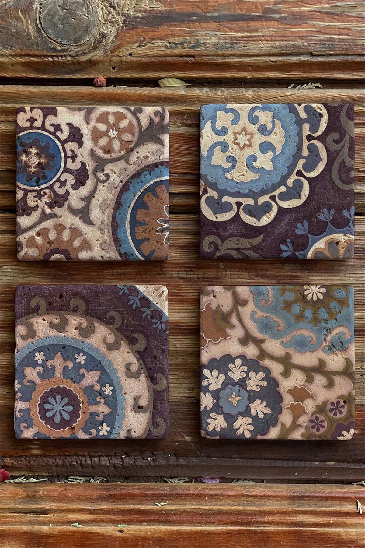 Oscar Stone Decor Baskılı Doğaltaş Bardak Altlığı 4'lü Set Desen Tile