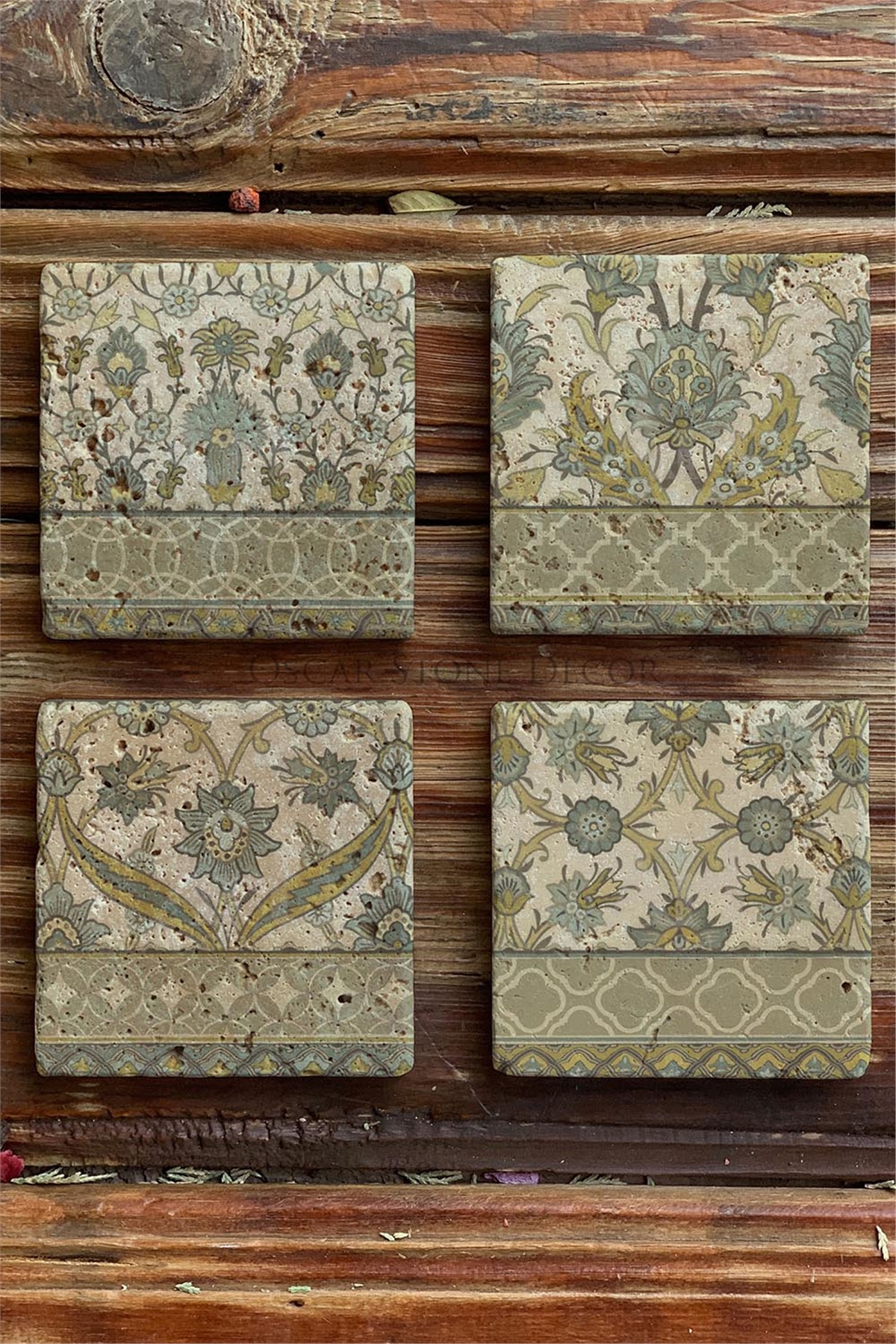 Oscar Stone Decor Baskılı Doğaltaş Bardak Altlığı 4'lü Set Desen Tile