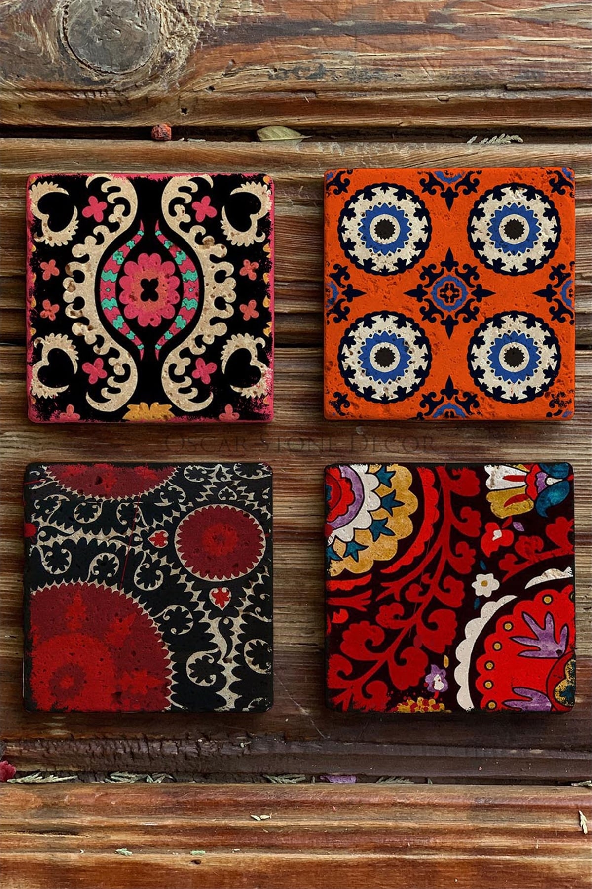 Oscar Stone Decor Baskılı Doğaltaş Bardak Altlığı 4'lü Set Desen Tile