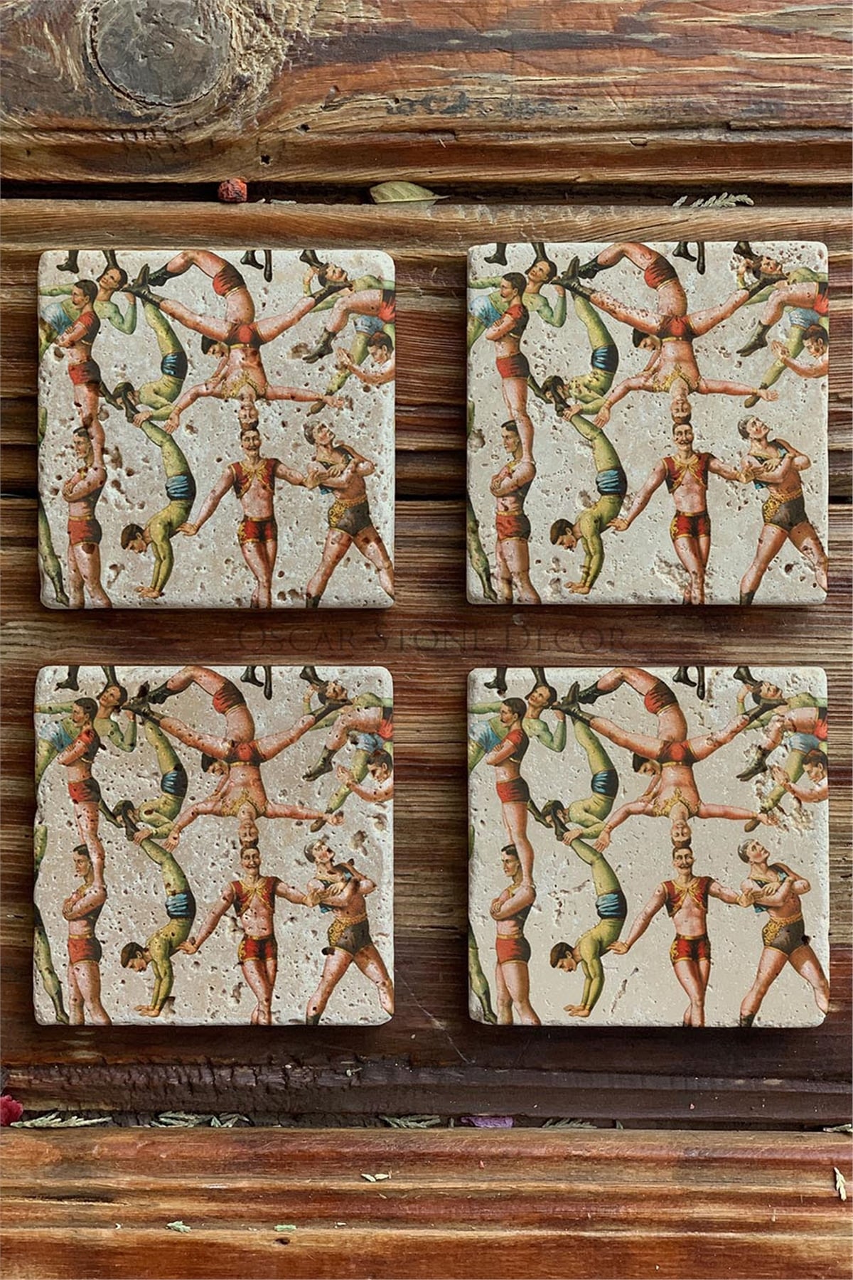 Oscar Stone Decor Baskılı Doğaltaş Bardak Altlığı 4'lü Set Desen Tile